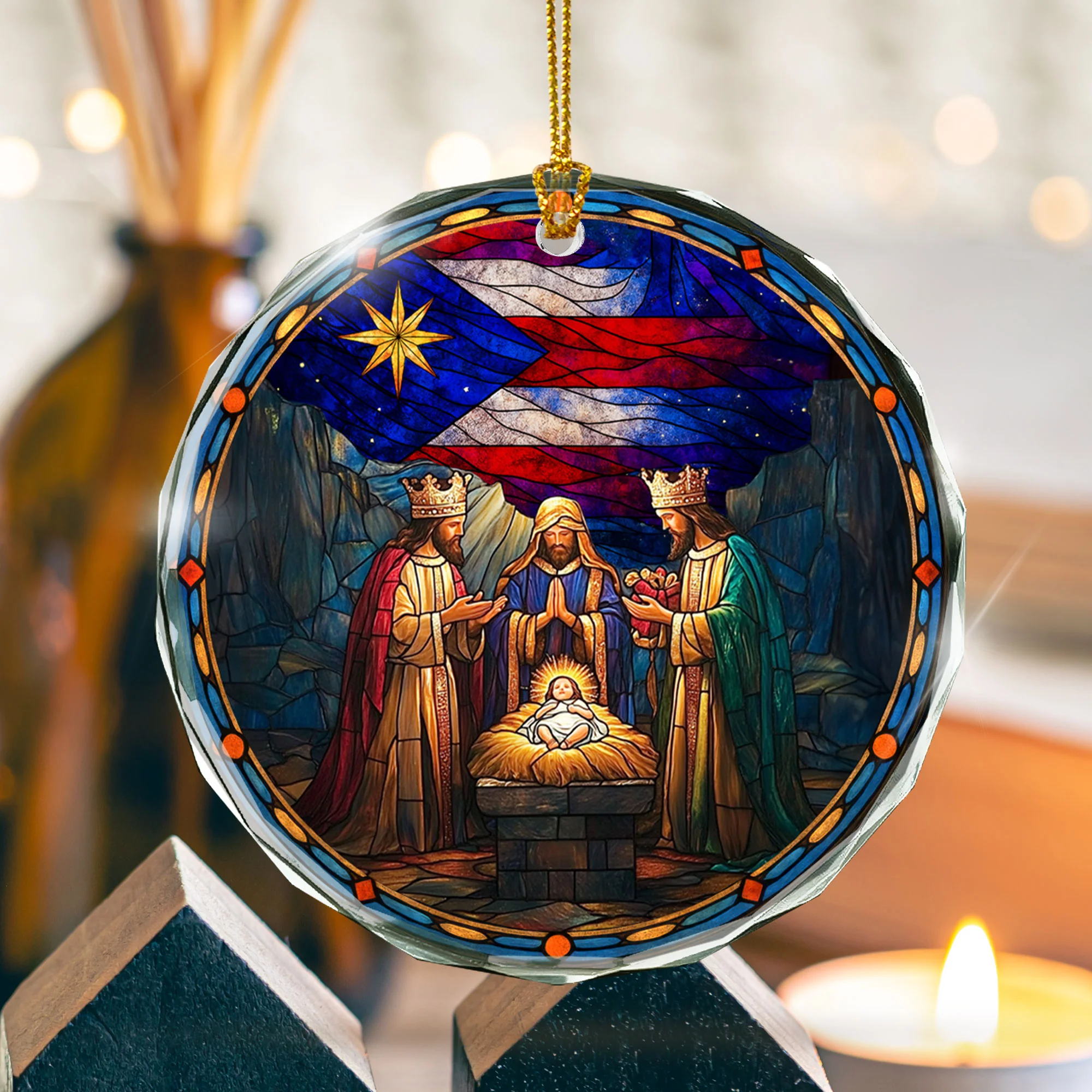 Christmas Ornament, We Three Kings Ornament Puerto Rican Flag Nativity Scene Christmas Decor