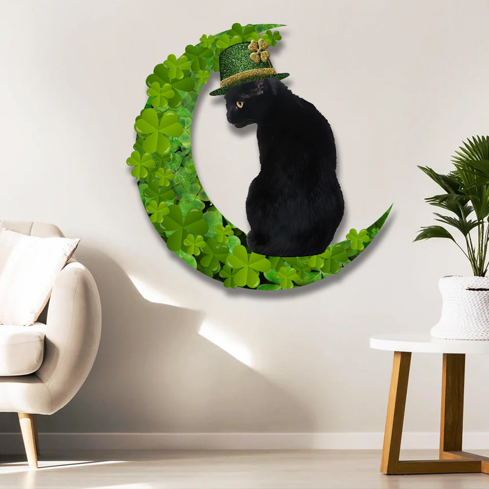 Black Cat On The Moon Hanging Metal Sign, Irish Saint Patrick's Day