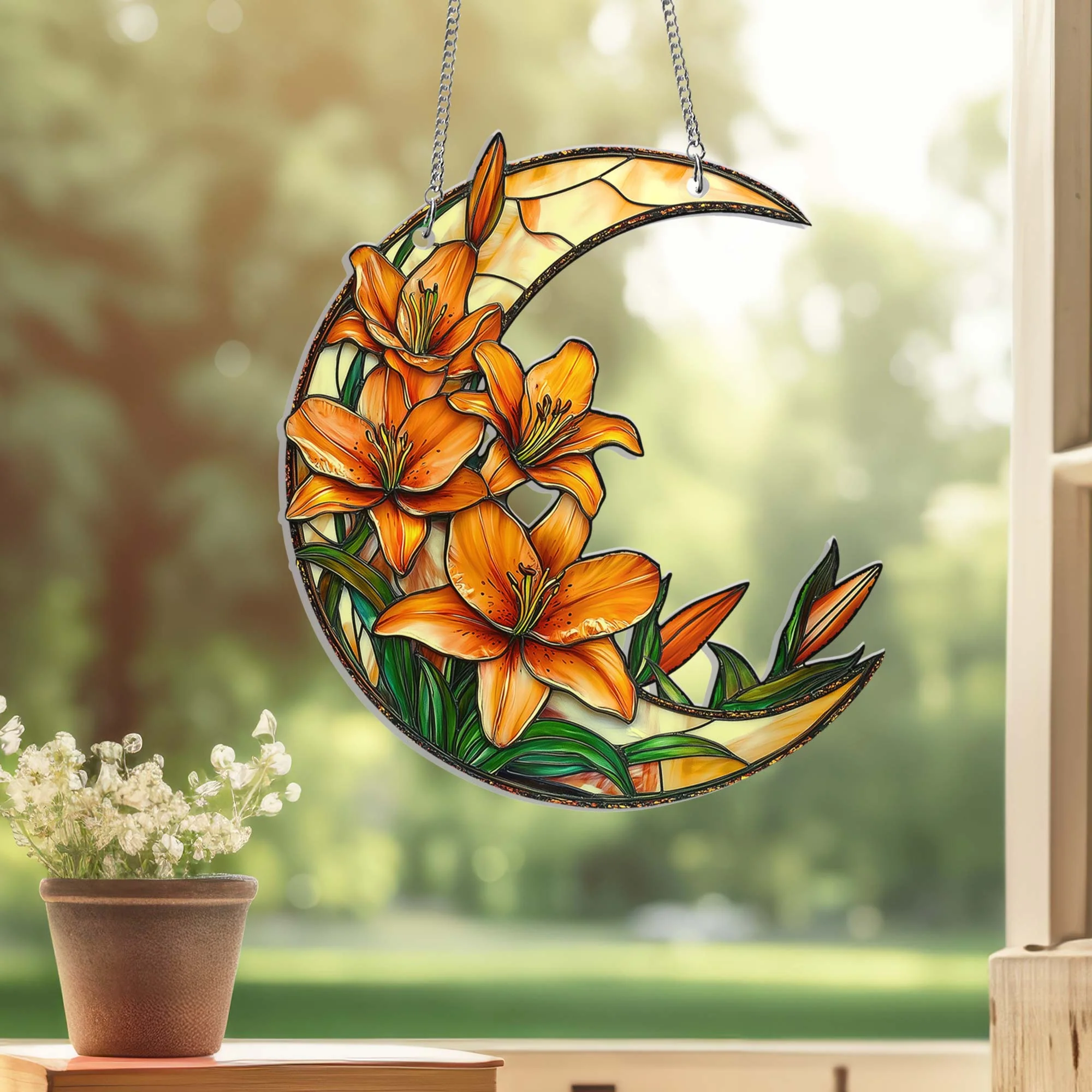 Lily Flower Acrylic Suncatcher, Crescent Moon with Lilies Suncatcher Window Hangings