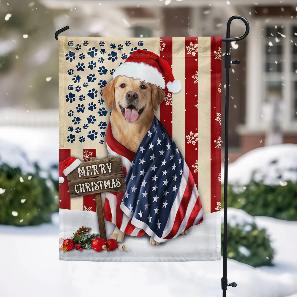Merry Christmas Flag | Patriotic Golden Retriever American Flag