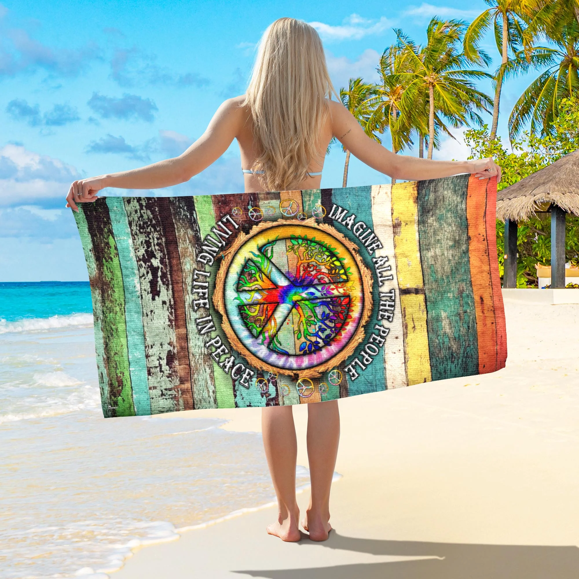 Hippie Peace Sign, Imagine All The People Living Life In Peace Beach Towel