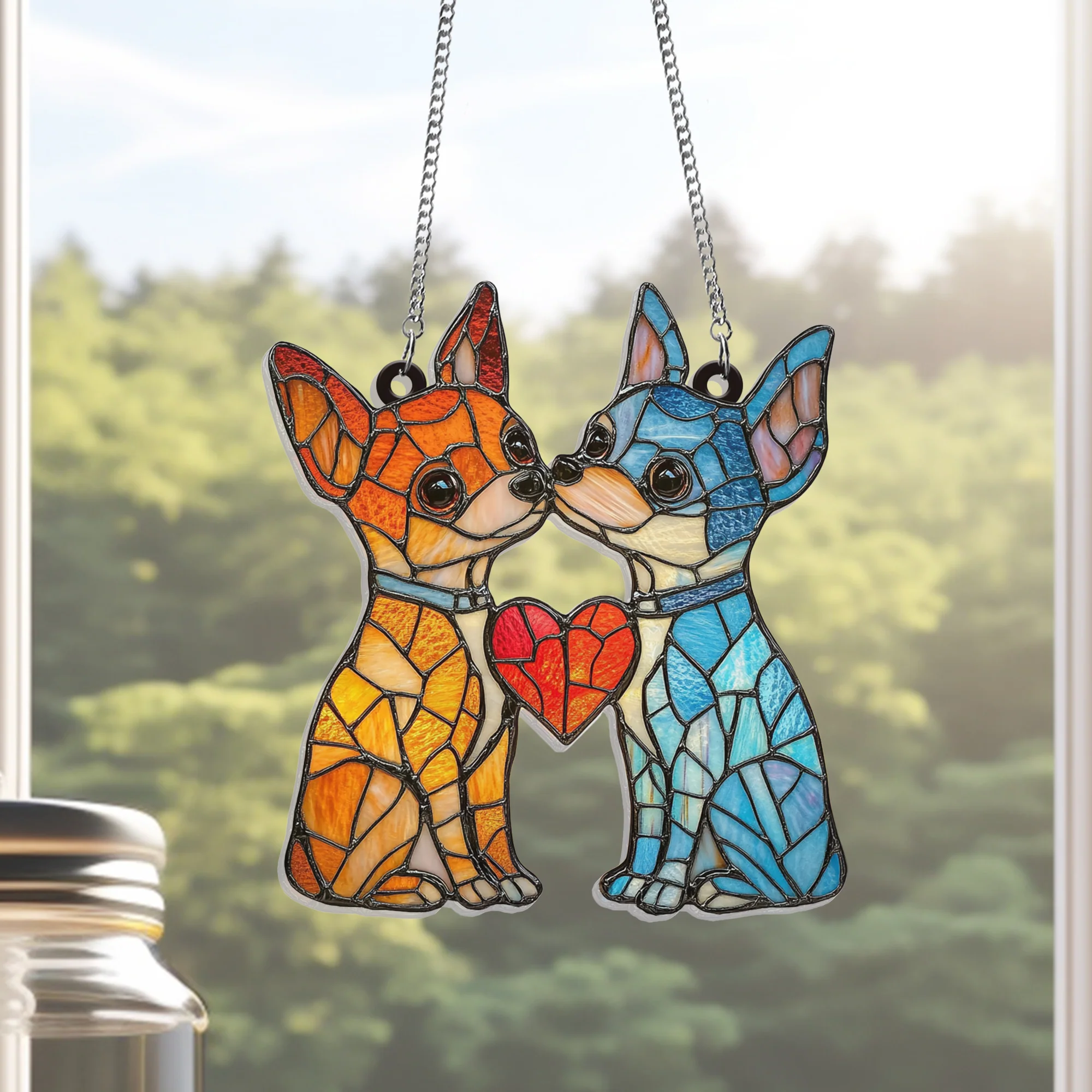 Chihuahua Couple Suncatcher Window Hanging Sign
