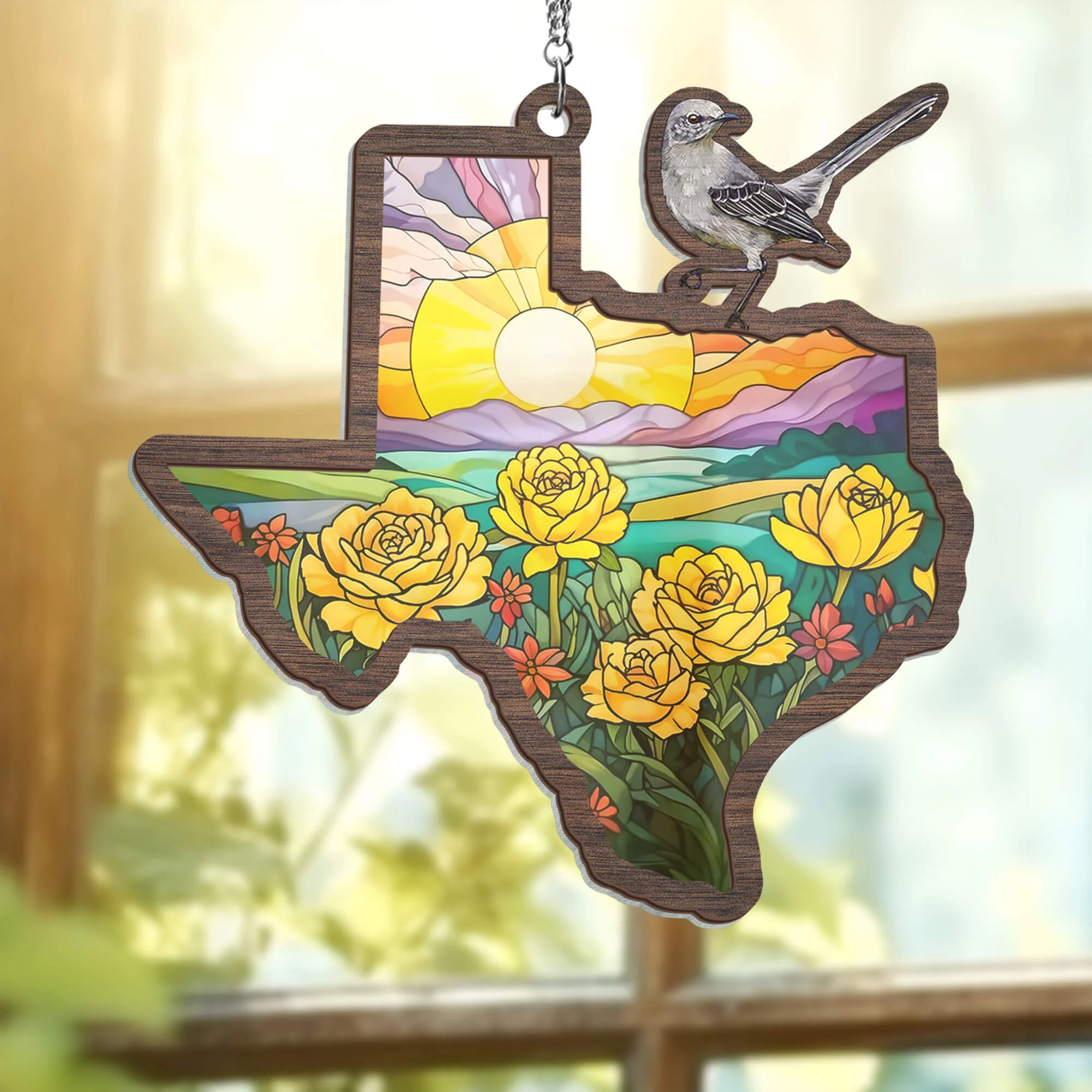 Texas with Northern Mockingbird and Yellow Rose, Texas 2 Layered Hanging Suncatcher TPT1246WHv1