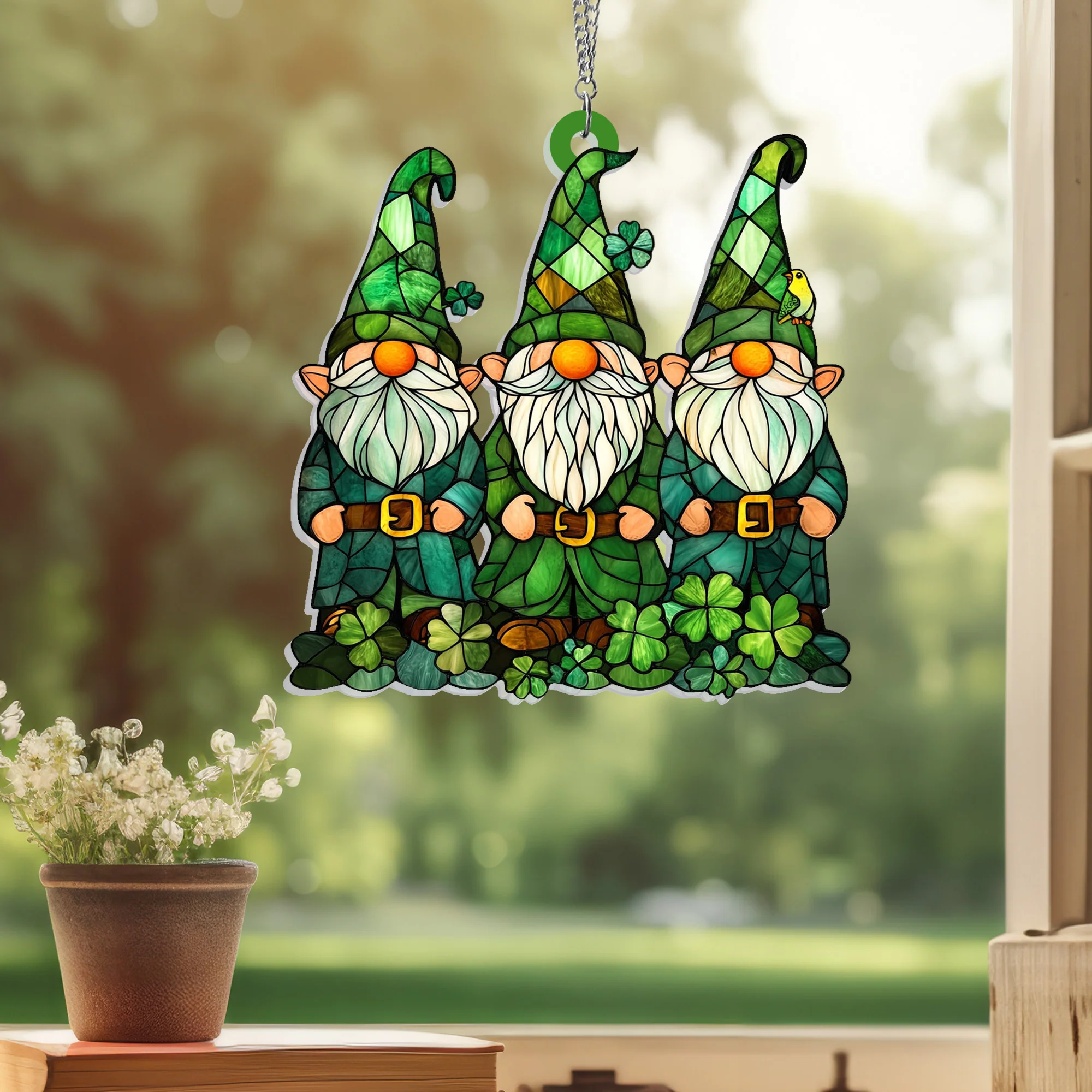St. Patrick's Day Gnomes Irish Shamrock Suncatcher Hanging Sign