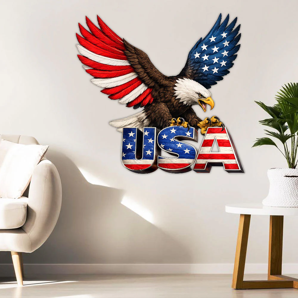 American Patriotic Metal Sign with Bald Eagle USA Hanging Decor