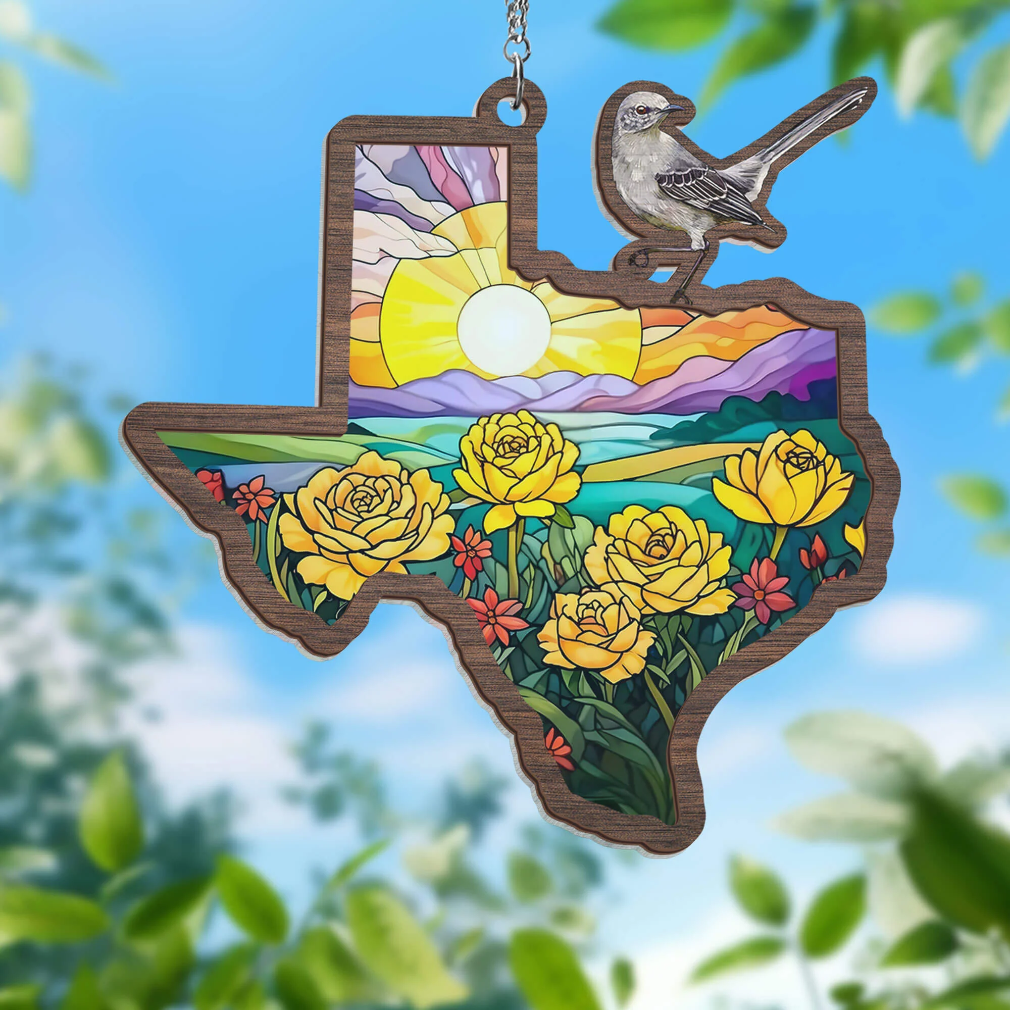 Texas with Northern Mockingbird and Yellow Rose, Texas 2 Layered Hanging Suncatcher TPT1246WHv1