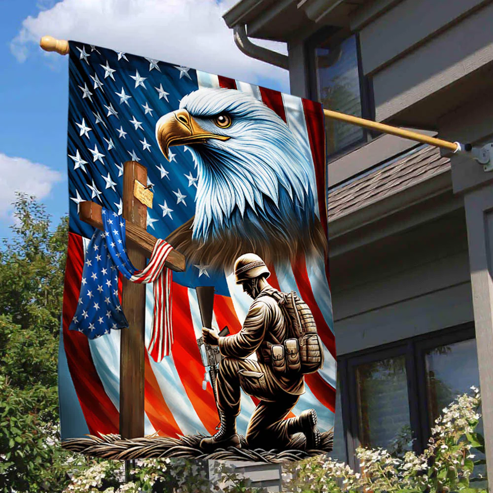Veterans Day flag, Patriotic Eagle Veteran Kneeling Soldier Christ Cross Memorial Day American Flag 3-Day Shipping
