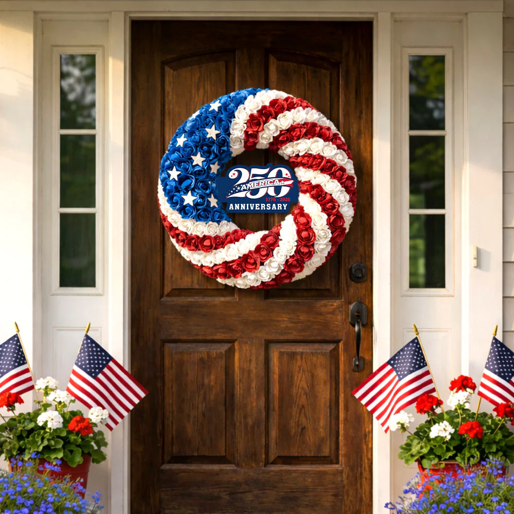 250th Anniversary American Flag Wreath, 1776 2026 Patriotic Front Door Decor