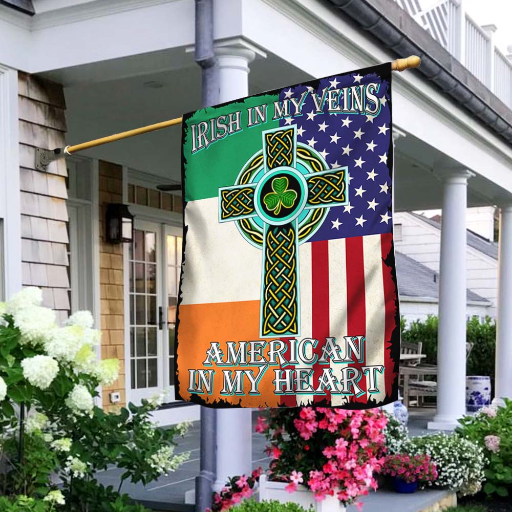 Irish Celtic Cross Flag Irish In My Veins American In My Heart Flag