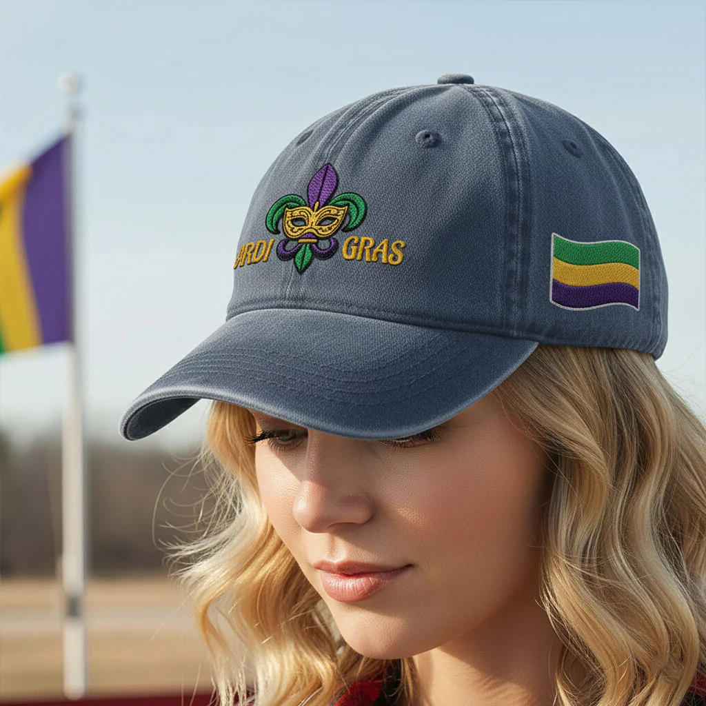 Fleur De Lis Washed Cap, Mardi Gras Fleur de Lis Embroidered Cap