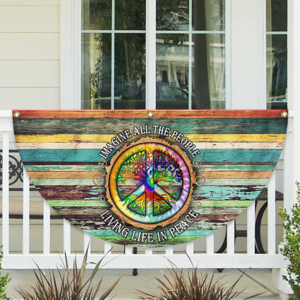 Peace Sign Hippie Flag Imagine All The People Living Life In Peace Non-Pleated Fan Flag