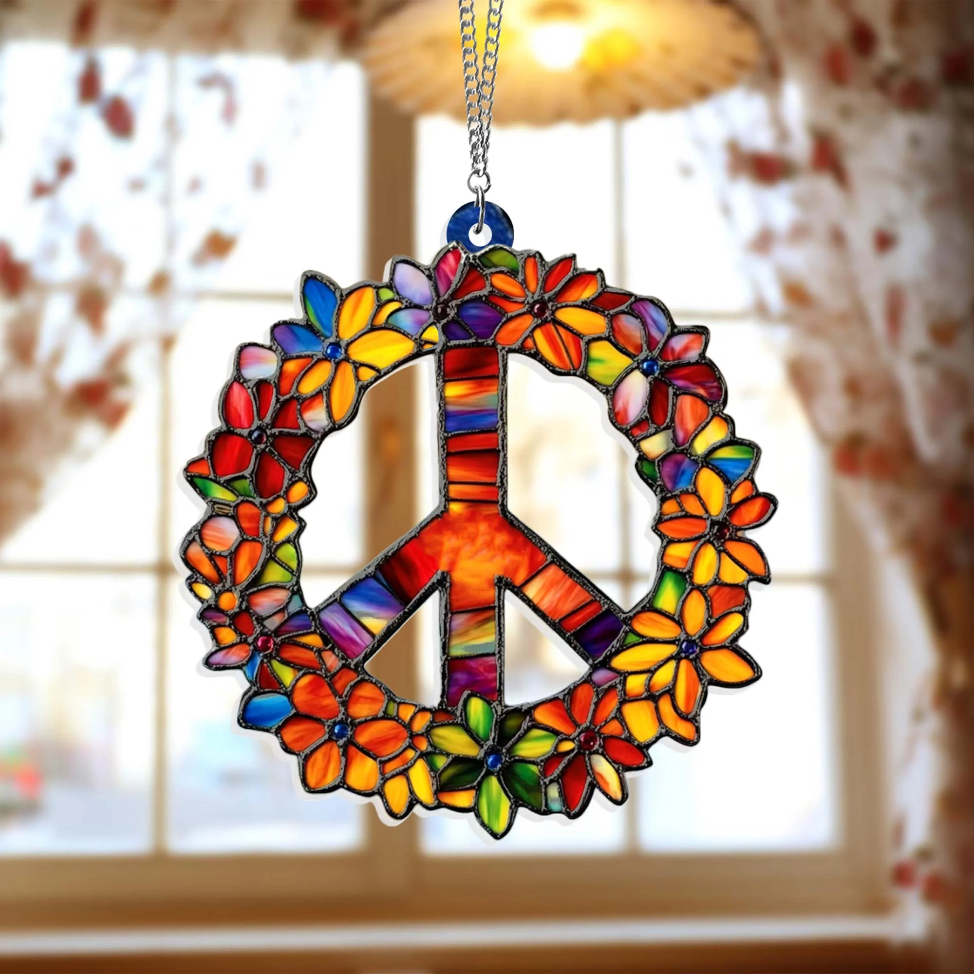 Woodstock Hippie Acrylic Suncatcher, Peace Love Flower Window Decor