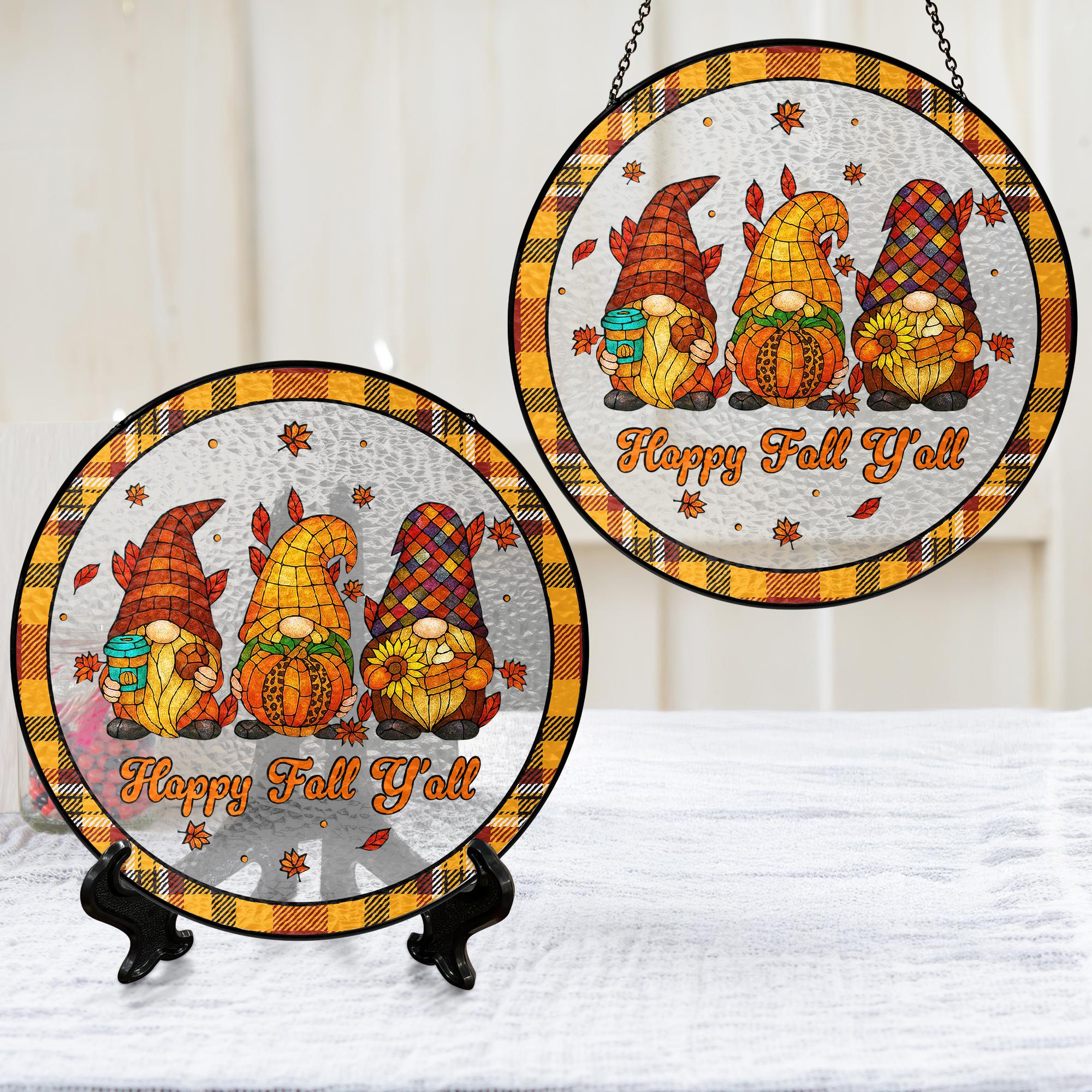 Happy Fall Y'all Gnomes Pumpkin Autumn Thanksgiving Stained Glass Suncatcher 3-Day Shipping
