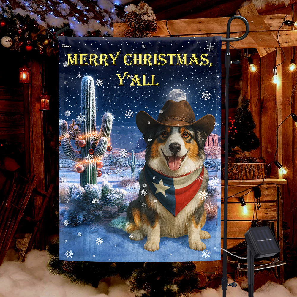 Shepherd Cowboy Dog Christmas Solar LED Flag | Texas Western Holiday Flag