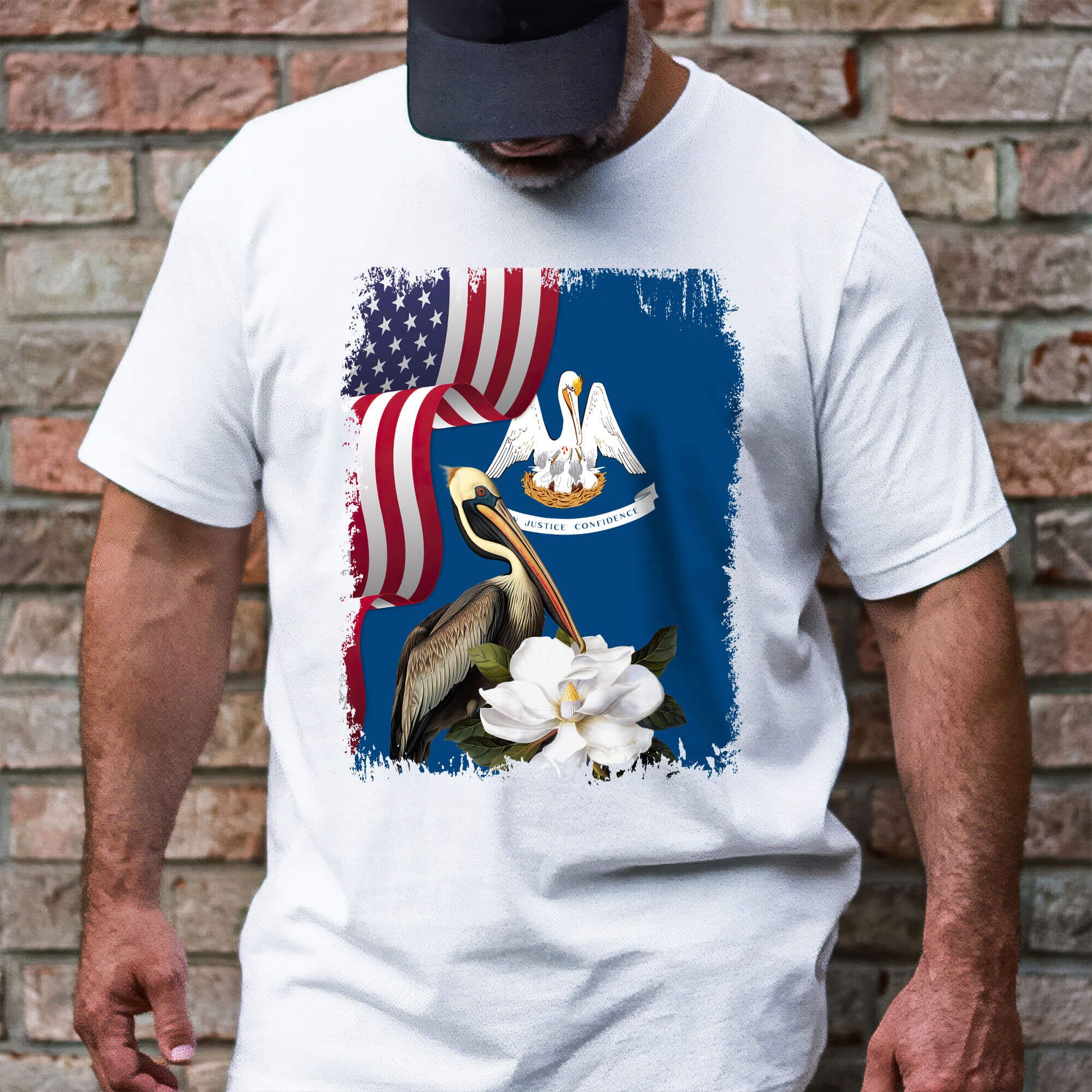 Louisiana Brown Pelican Bird and Magnolia Flower T-Shirt