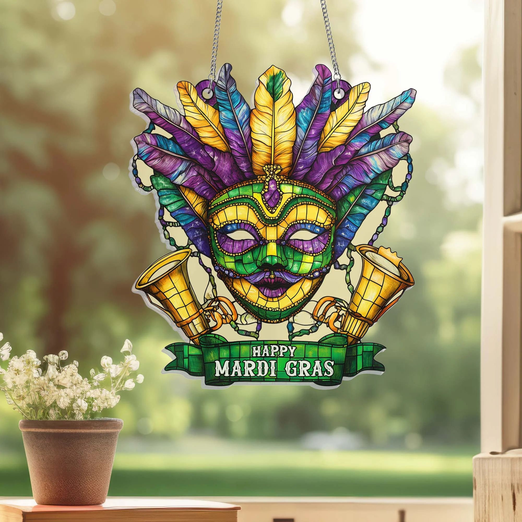 Happy Mardi Gras Acrylic Suncatcher Hanging
