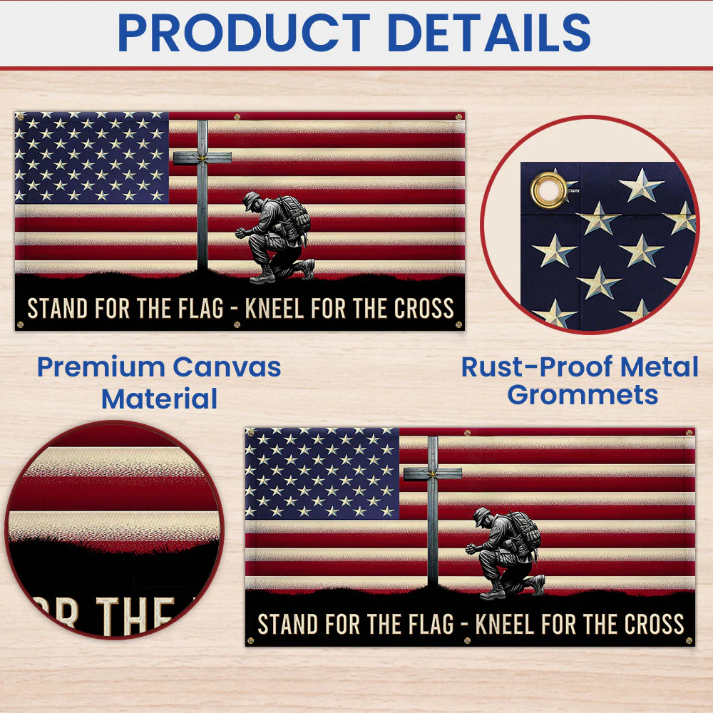 Veterans Day Flag, Veteran Kneeling Christ Cross American Fence Banner