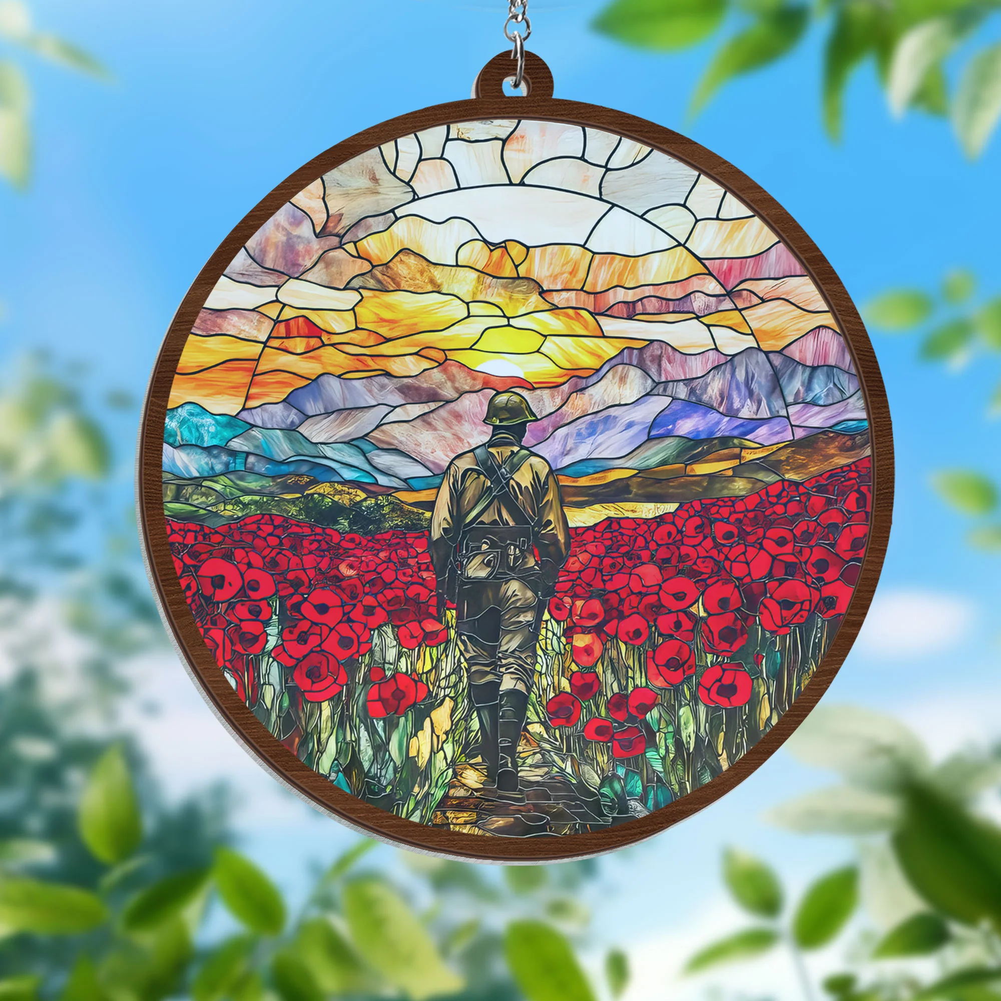 Veterans Soldier Memorial With Red Flowers 2 Layered Hanging Suncatcher