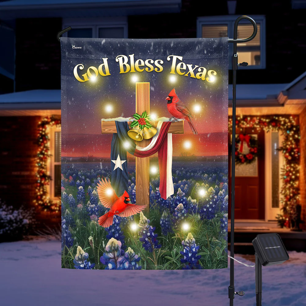 God Bless Texas Flag | Texas Bluebonnets with Cardinal LED Garden Flag
