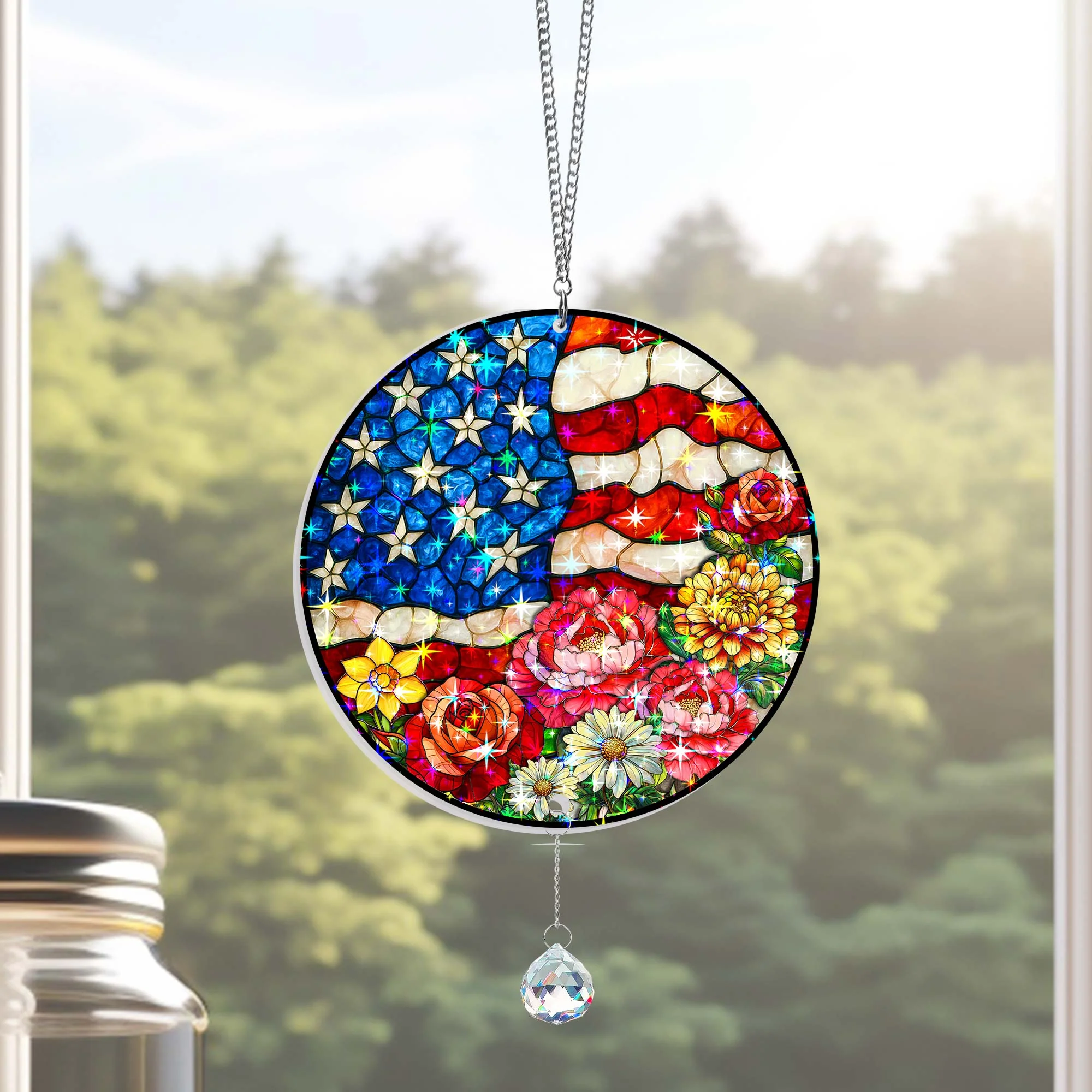 American Flag Flower Hologram Window Hanging