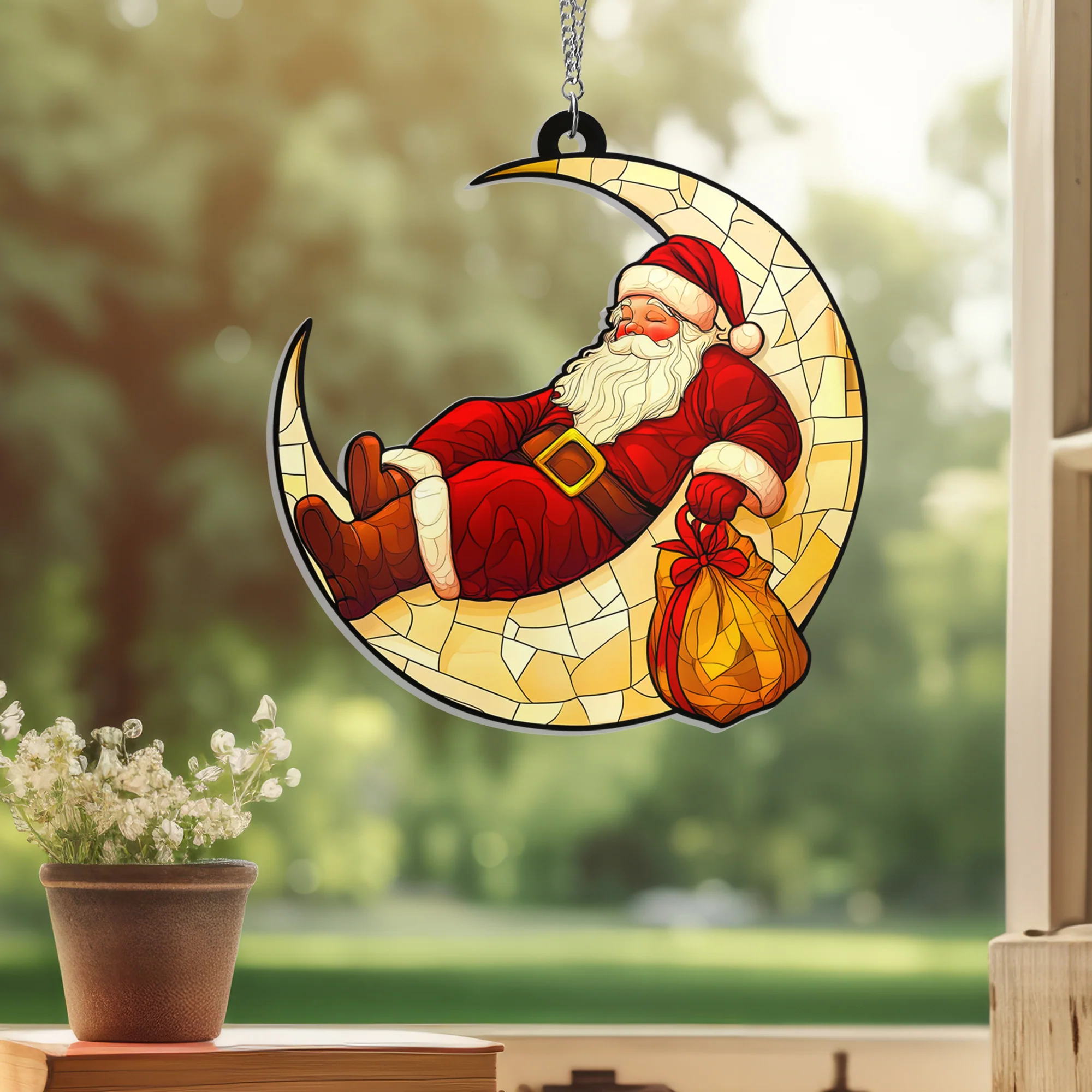 Santa Claus Sitting On Crescent Moon Suncatcher Acrylic Hanging