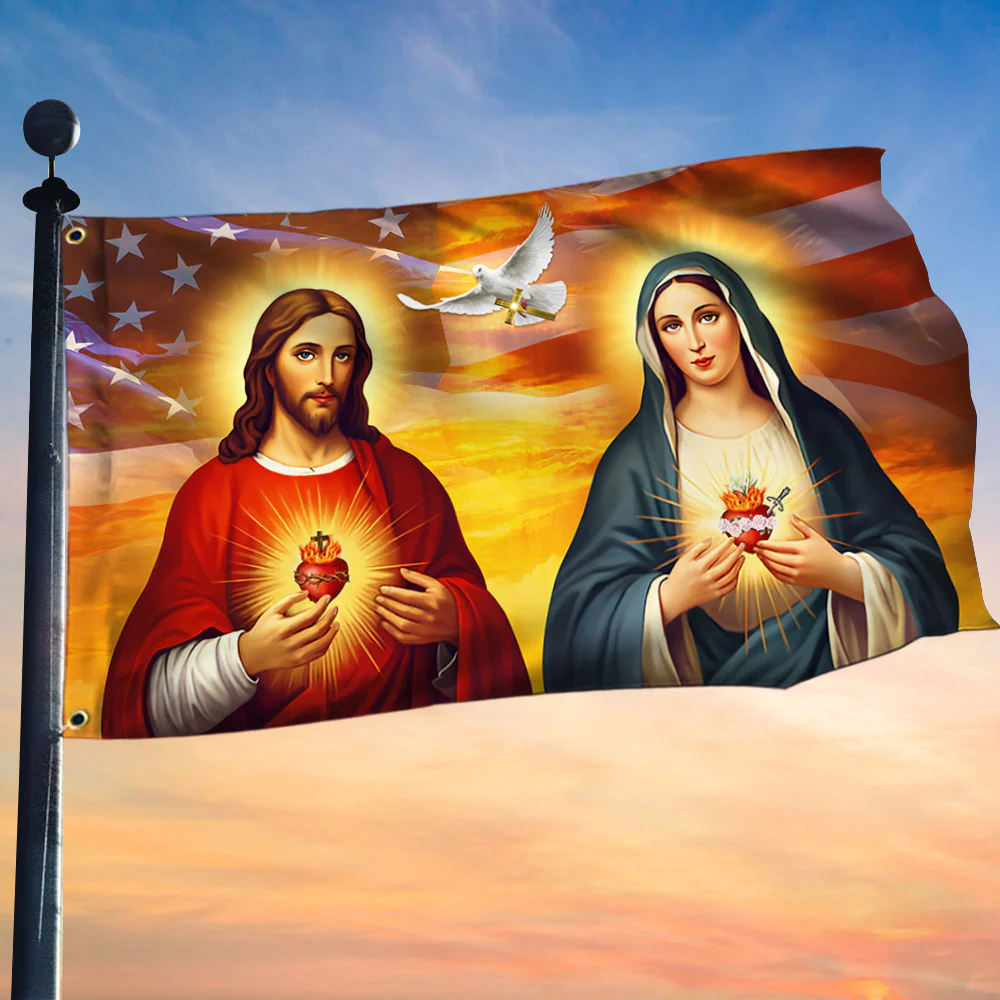 Bimipi American Flag - Sacred Heart of Jesus And Mary American Grommet Flag 3-Day Shipping