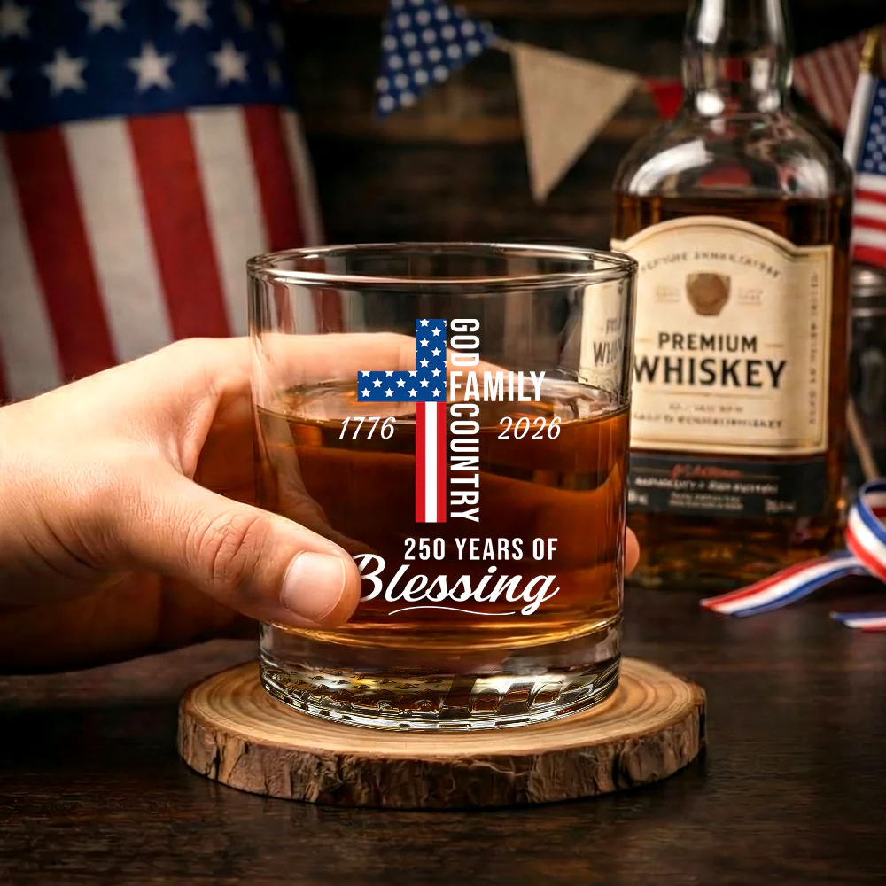 250 Years Blessed 1776 2026 Printed American Whiskey Glass Patriotic Gift