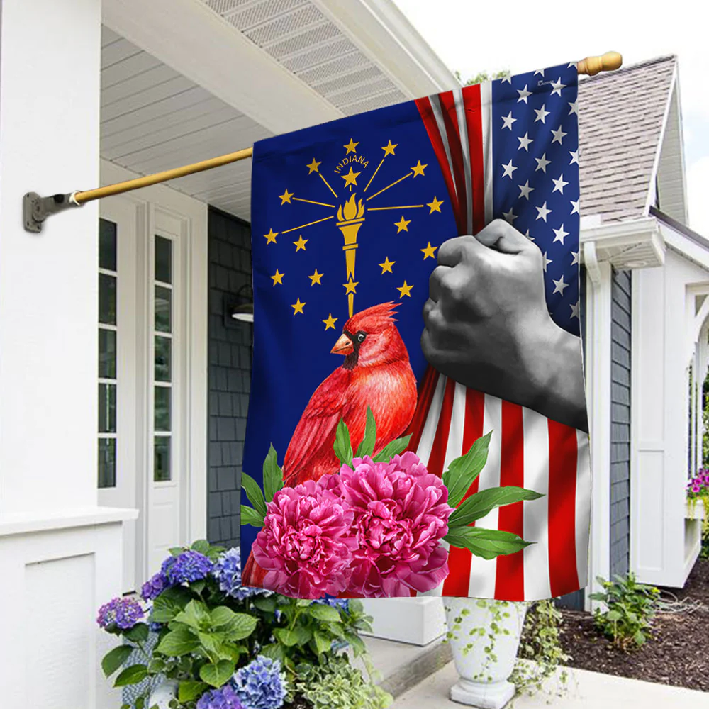 Indiana State Cardinal With Peony Flower Flag