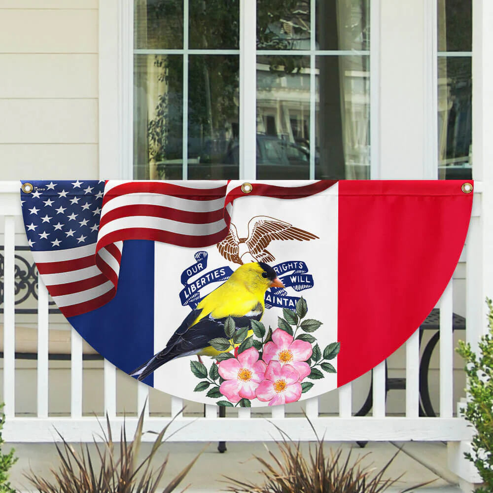 Iowa State Eastern Goldfinch Bird and Wild Rose Flower Non-Pleated Fan Flag