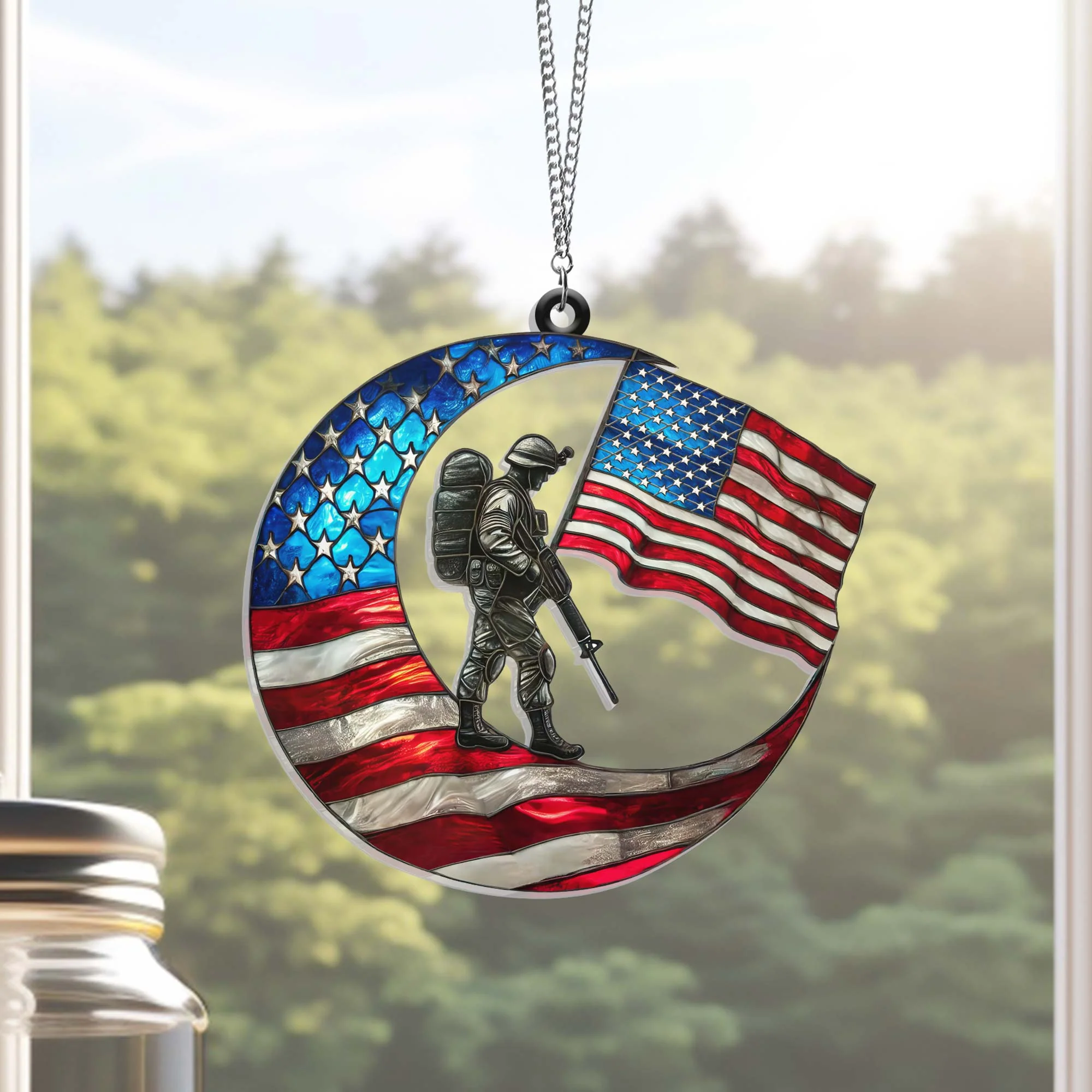 Veterans Day American Soldier Crescent Moon Suncatcher Acrylic Hanging