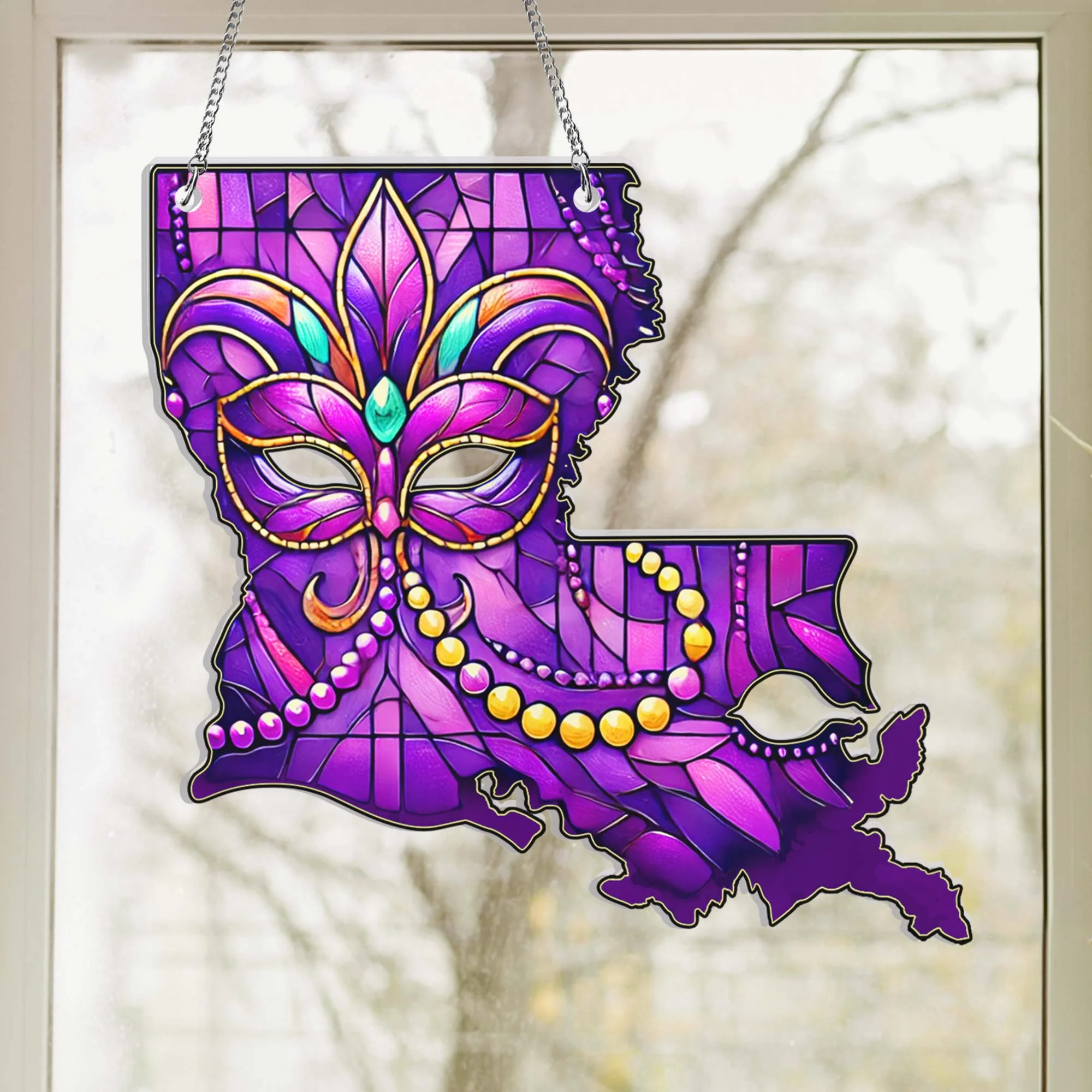 Louisiana Map Mardi Gras Suncatcher Acrylic Hanging Sign