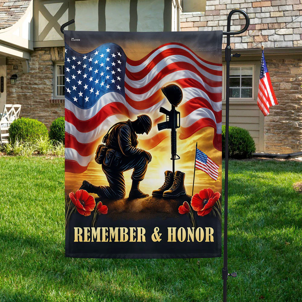 Veterans Day Flag, Memorial Day Remember & Honor Kneeling Solider American Flag