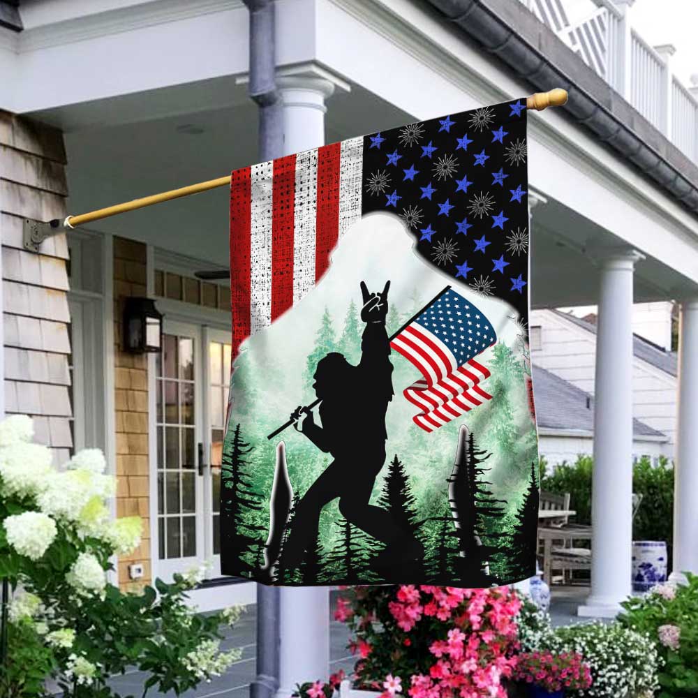 Bigfoot Sasquatch Rock On American Flag 3-Day Shipping