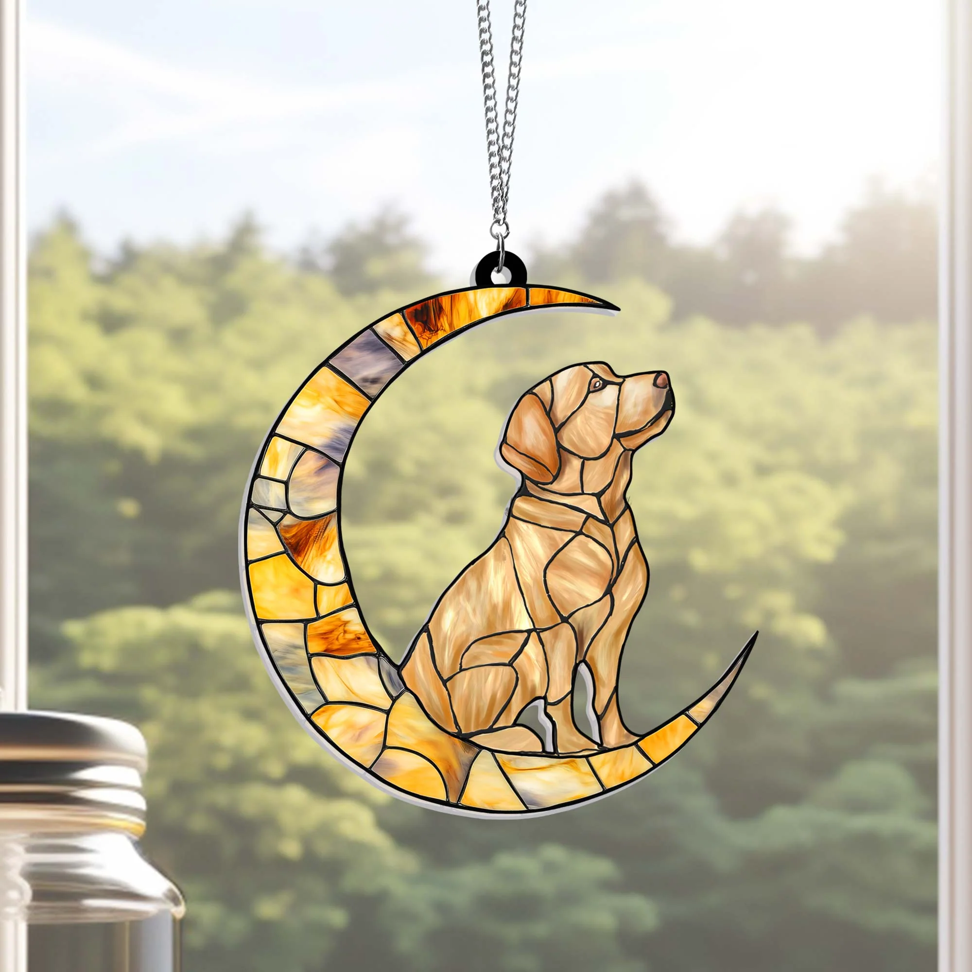 Yellow Labrador Dog On The Moon Acrylic Suncatcher Window Hanging