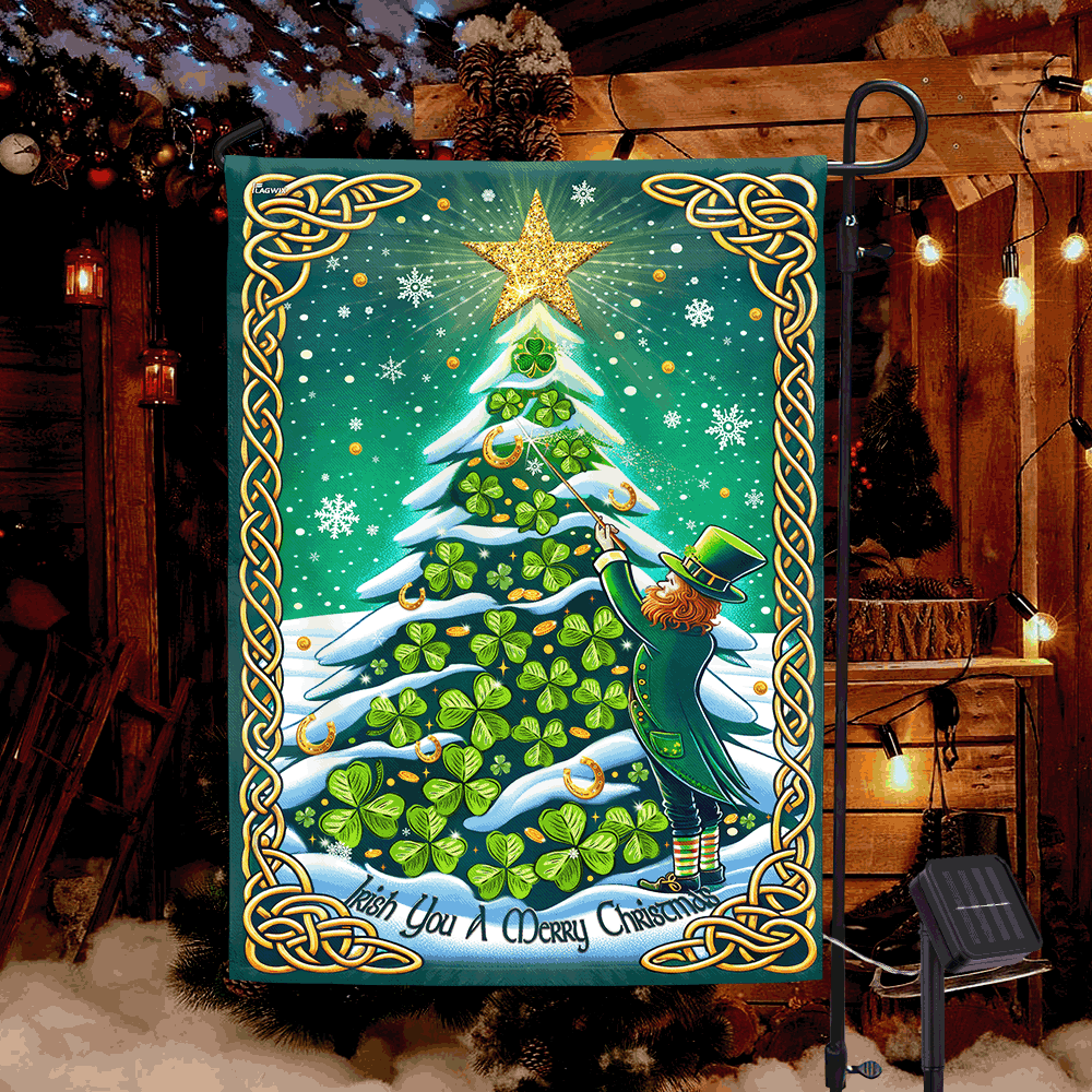 Irish Christmas Flag Leprechaun and Irish Shamrocks Christmas Tree Solar LED Garden Flag