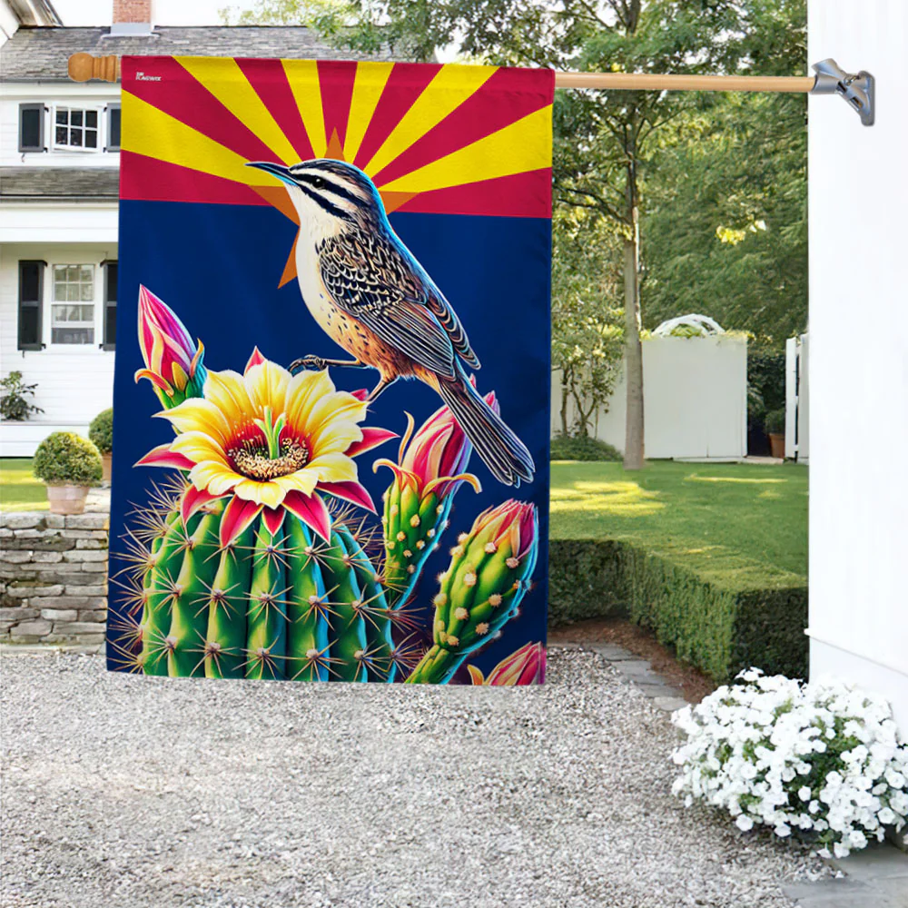 Arizona Cactus Wren and Saguaro Cactus Blossom Flag