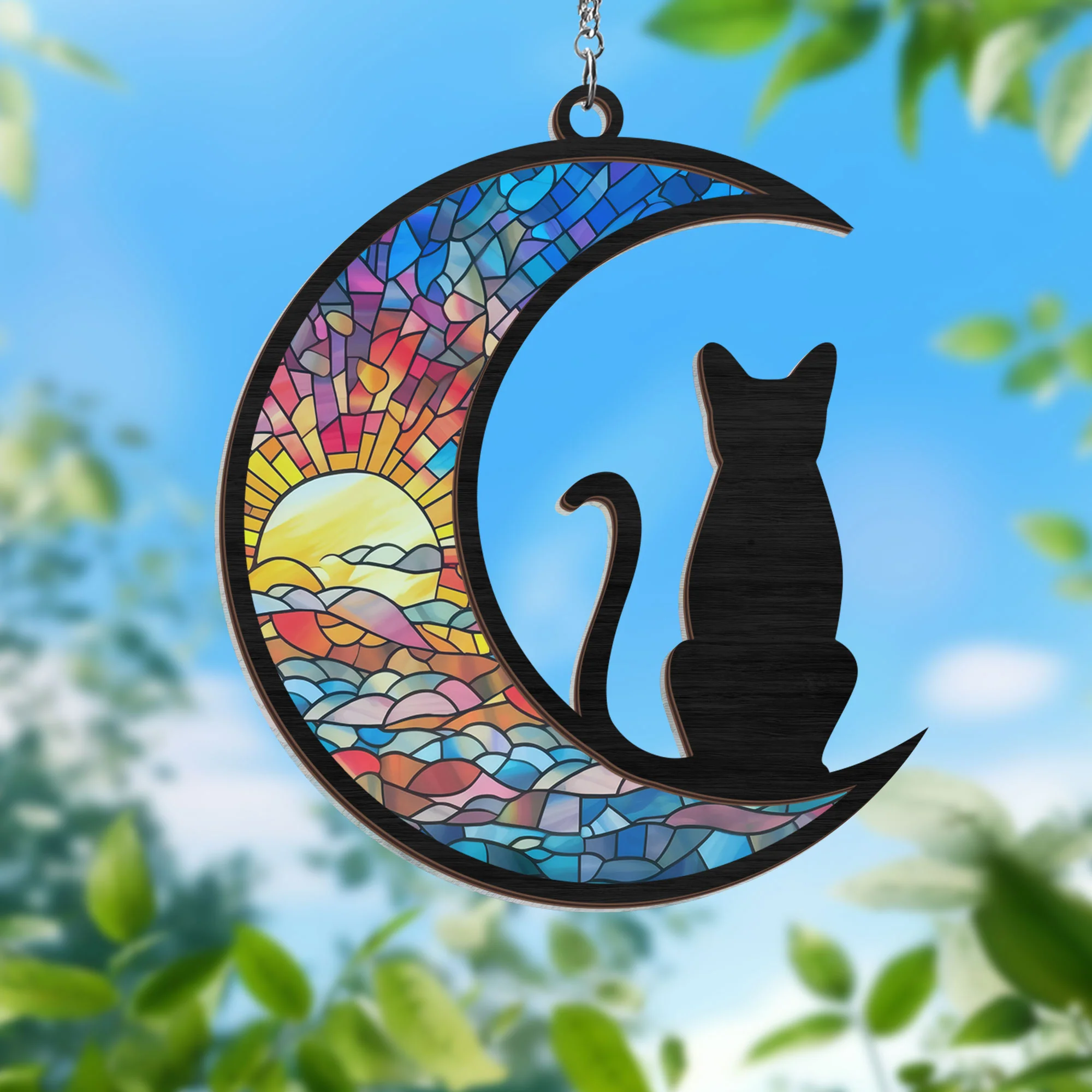 Black Cat On The Moon 2 Layered Hanging Suncatcher