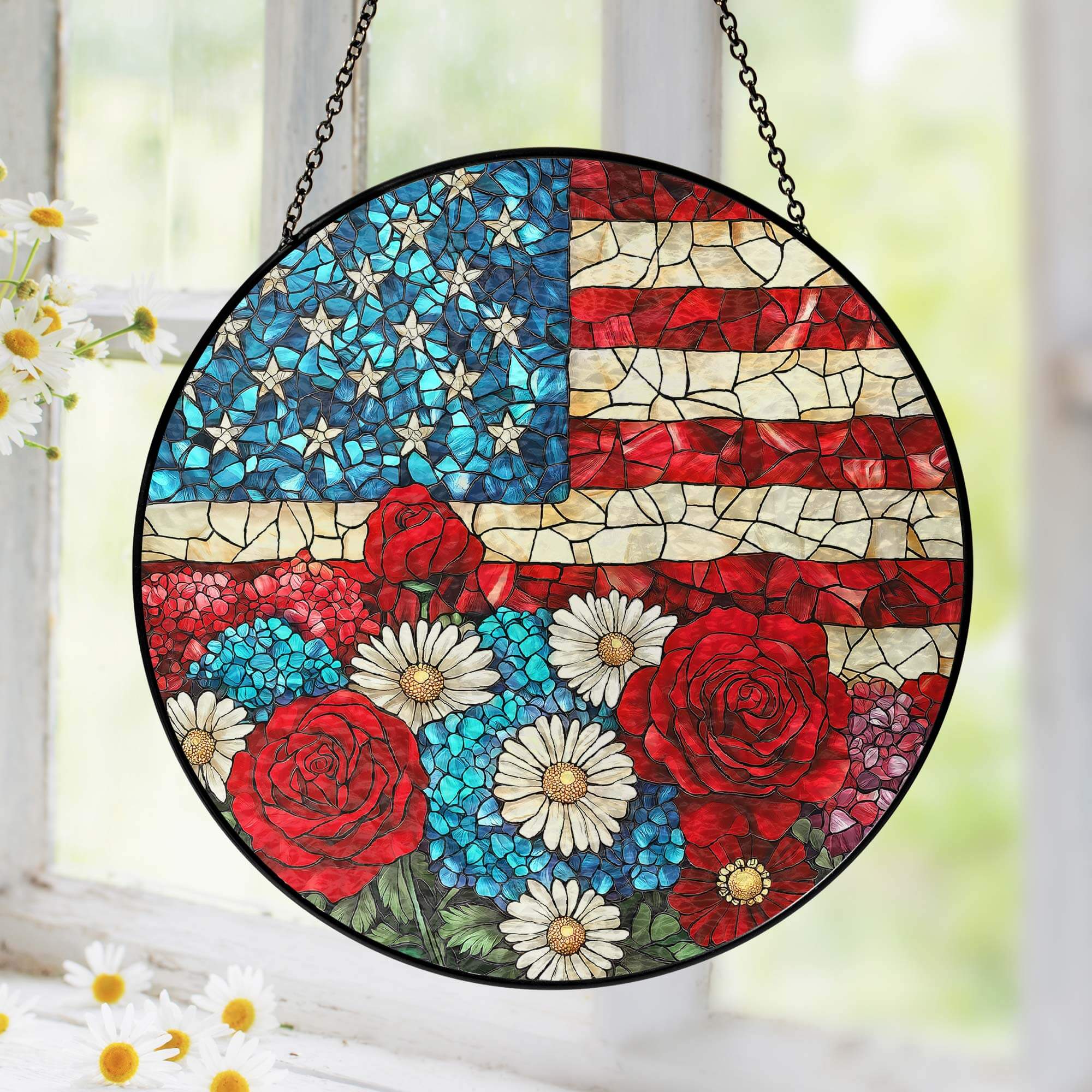 Bimipi American Flag - Patriotic Floral USA Flag Stained Glass Suncatcher Window Decor