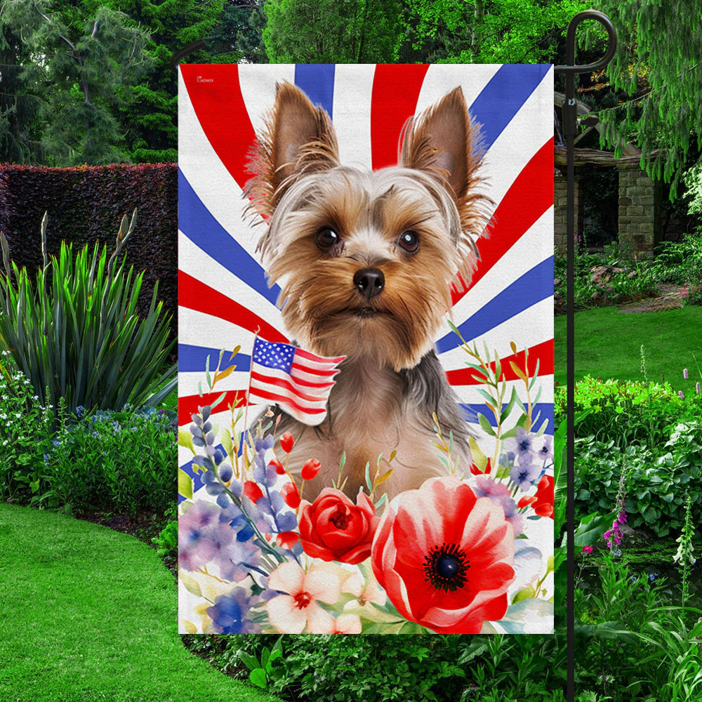 Bimipi American Flag - Patriotic Yorkshire Terrier Flowers 4th Of july Flag TQN1302Fv1