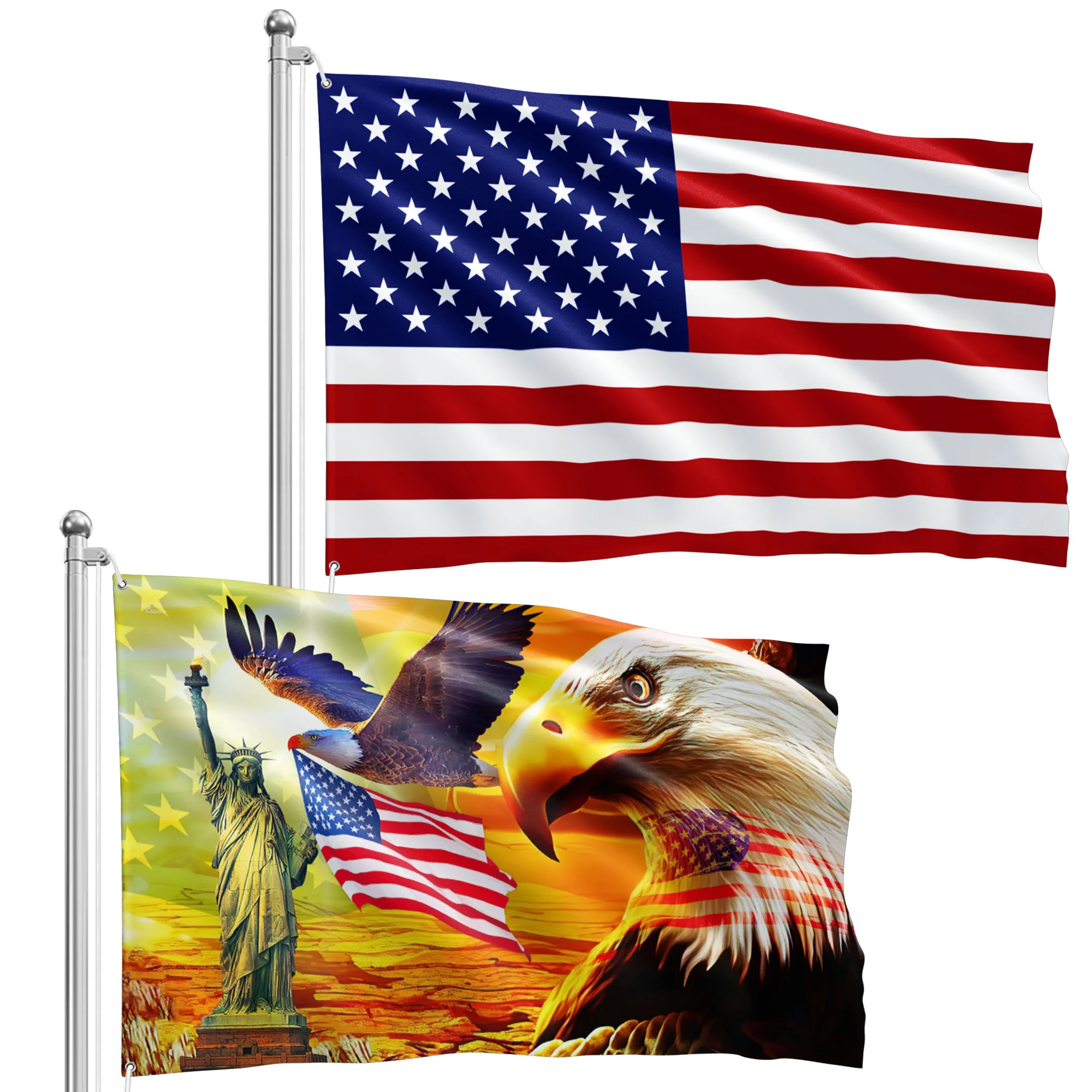 Bimipi Combo Pack: USA American Flag & Patriotic Eagle Flag 3x5 Ft