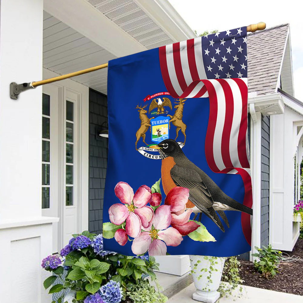 Michigan State Robin Bird and Apple Blossom Flower Flag MLN1141Fv13