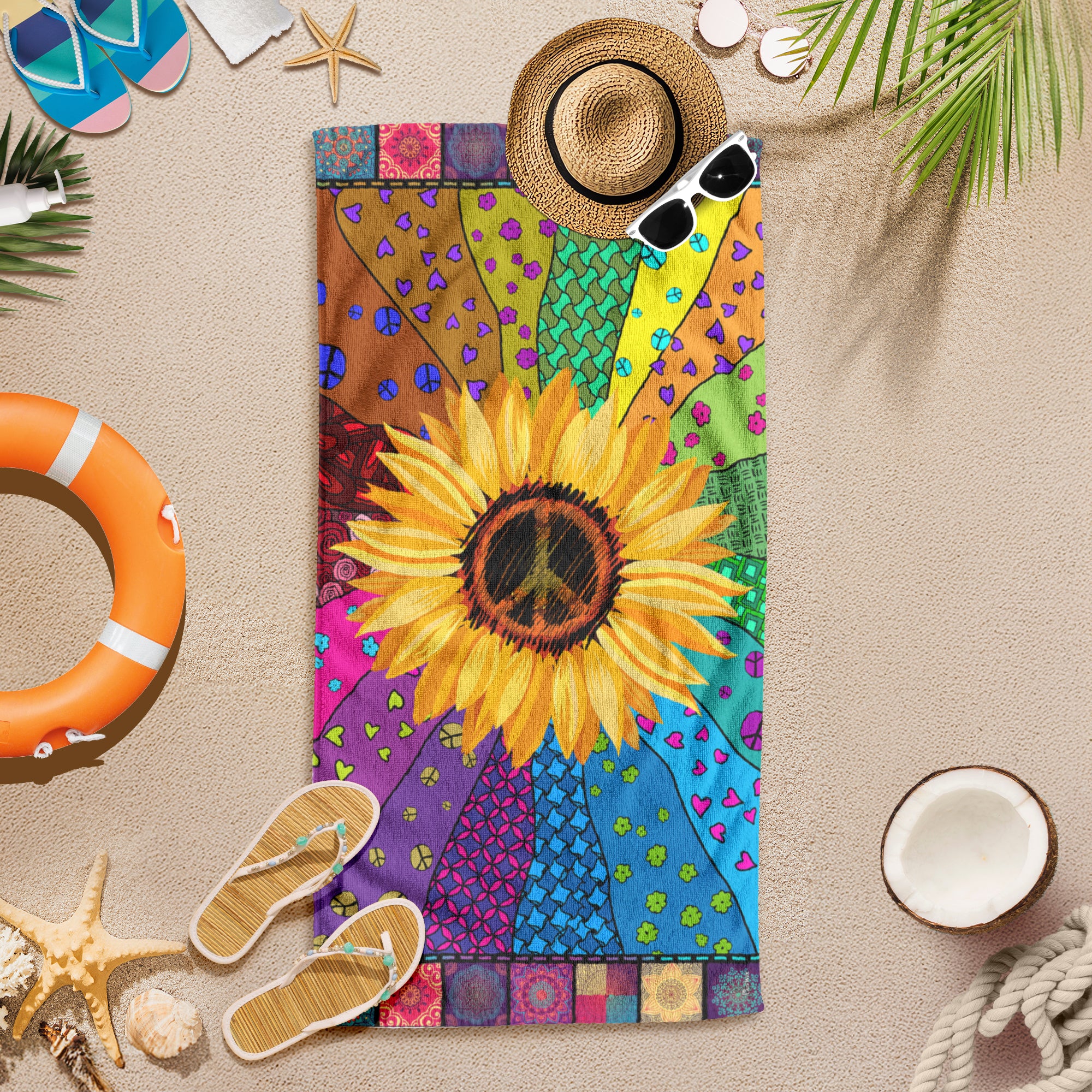 Hippie Peace Sign Sunflower Beach Towel