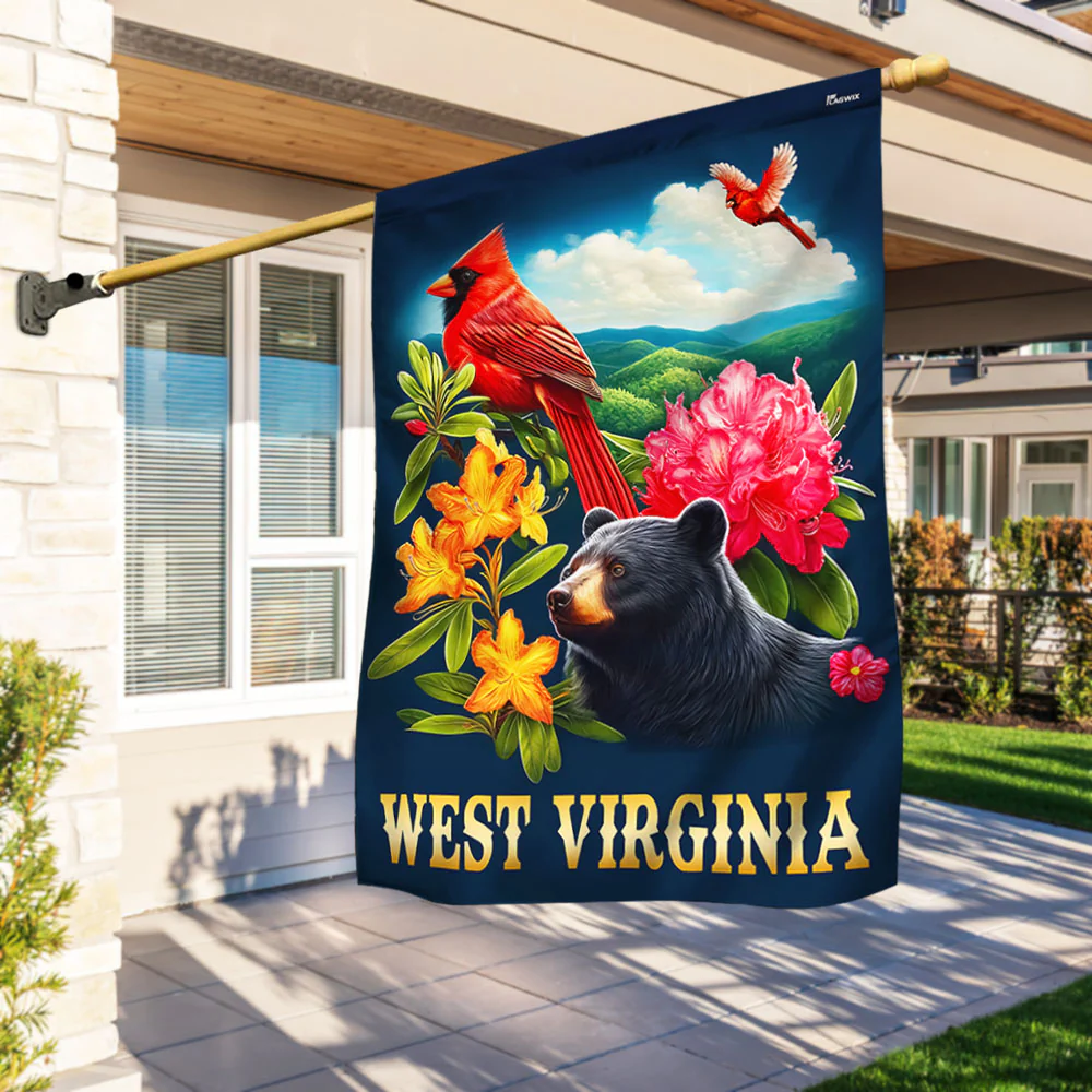 West Virginia Black Bear and Cardinal and Rhododendron Flower Flag