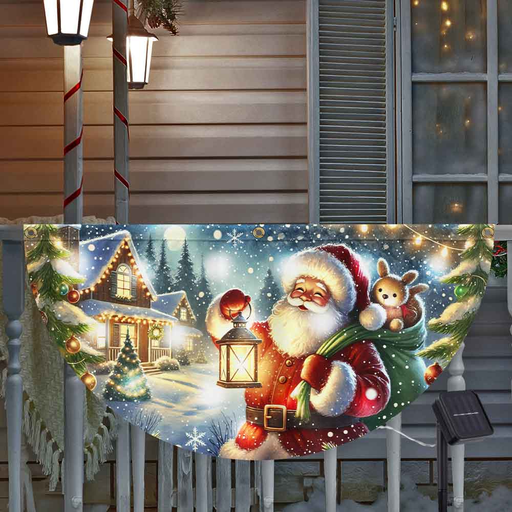 Christmas Joyful Santa Claus Holding Glowing Lantern Winter Xmas Holiday Solar Led Fan Flag