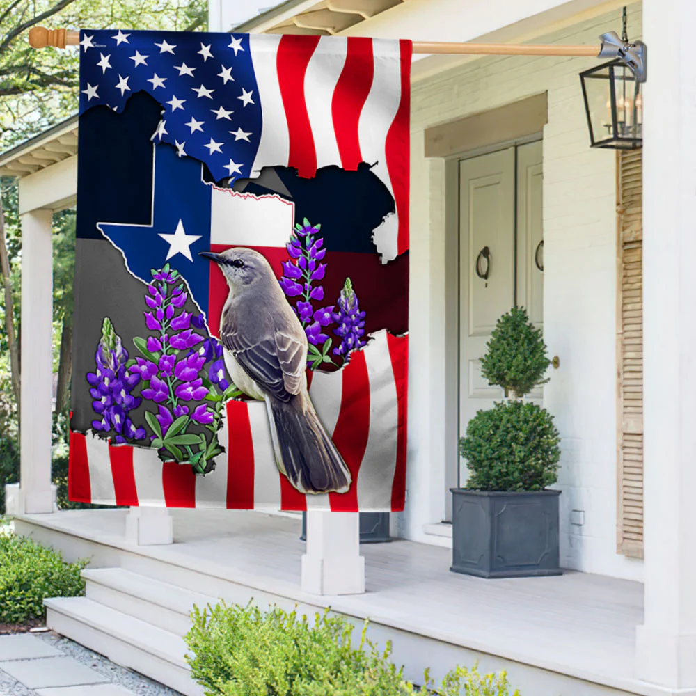 Texas Bluebonnets with Longhorn and Mockingbird, Texas Flag TPT766Fv1