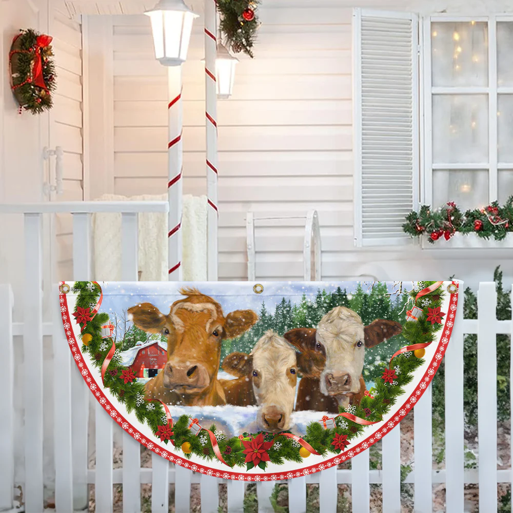 Cow Cattle Christmas Farm House Non-Pleated Fan Flag