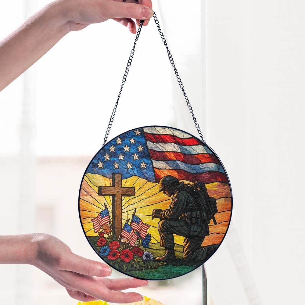 Patriotic Kneeling Soldier Memorial Day Veteran Day Stained Glass Suncatcher