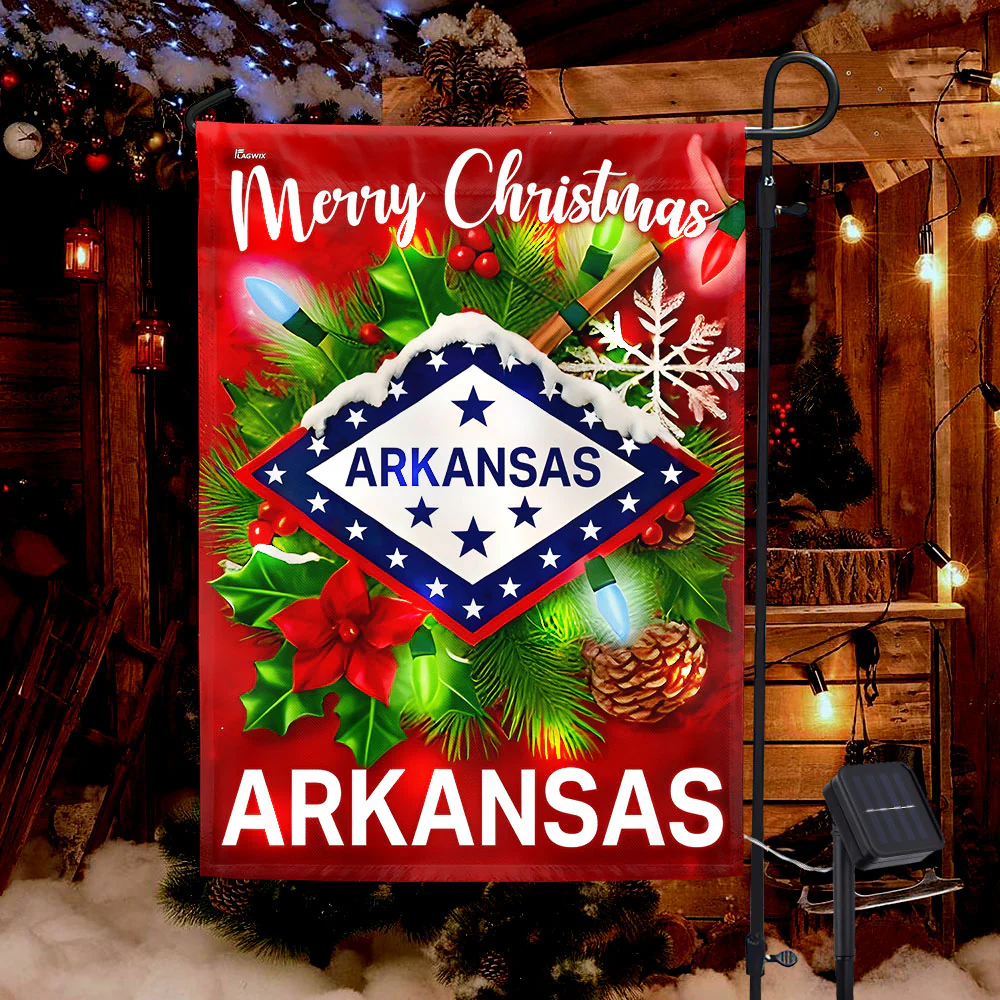 Arkansas Flag Merry Christmas Solar LED Garden Flag