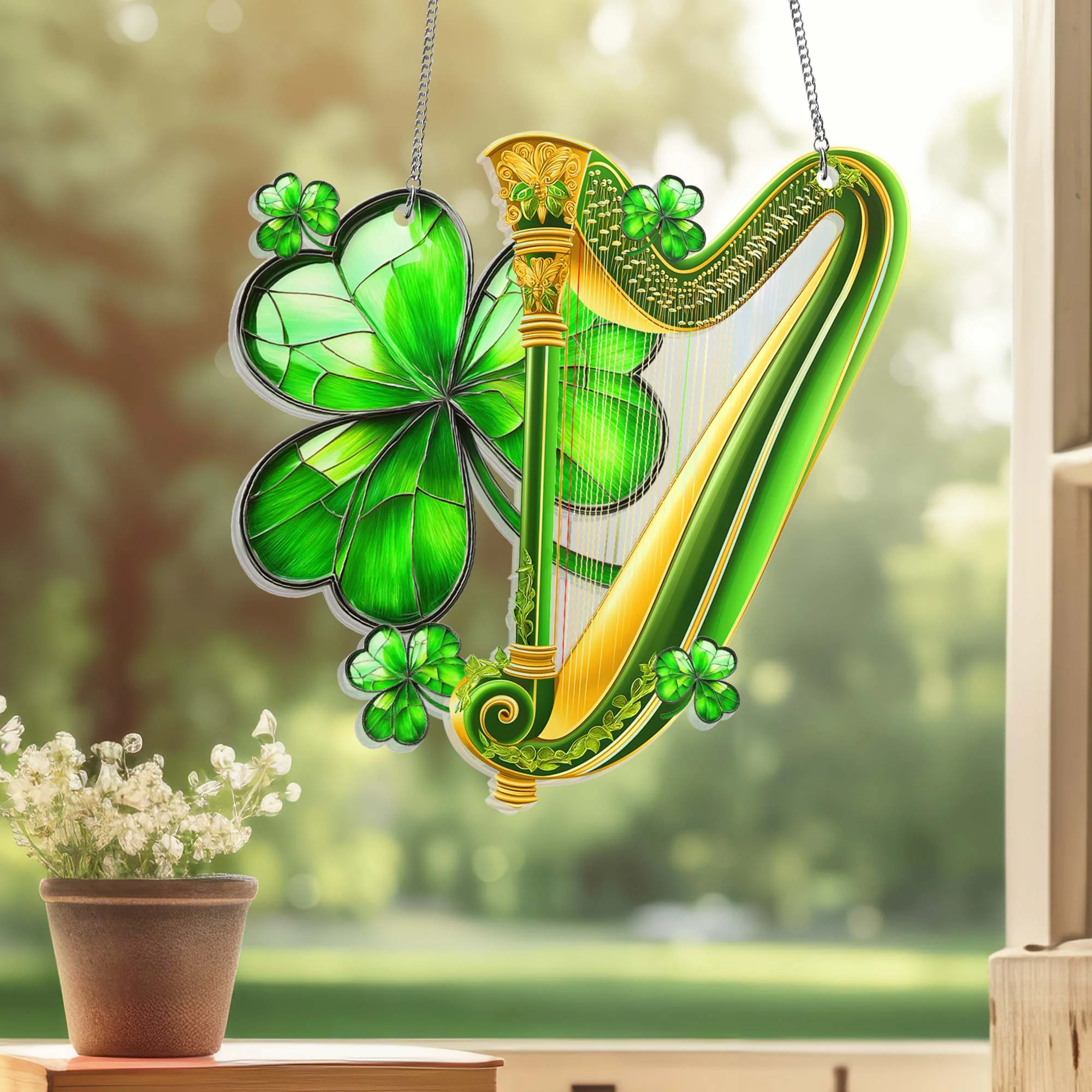 Shamrock and Harp St. Patrick' s Day Suncatcher Hanging Sign