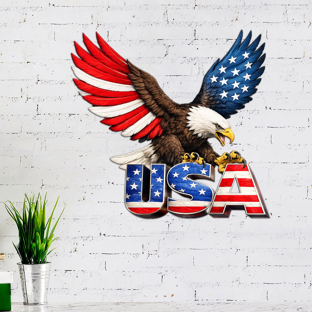 American Patriotic Metal Sign with Bald Eagle USA Hanging Decor